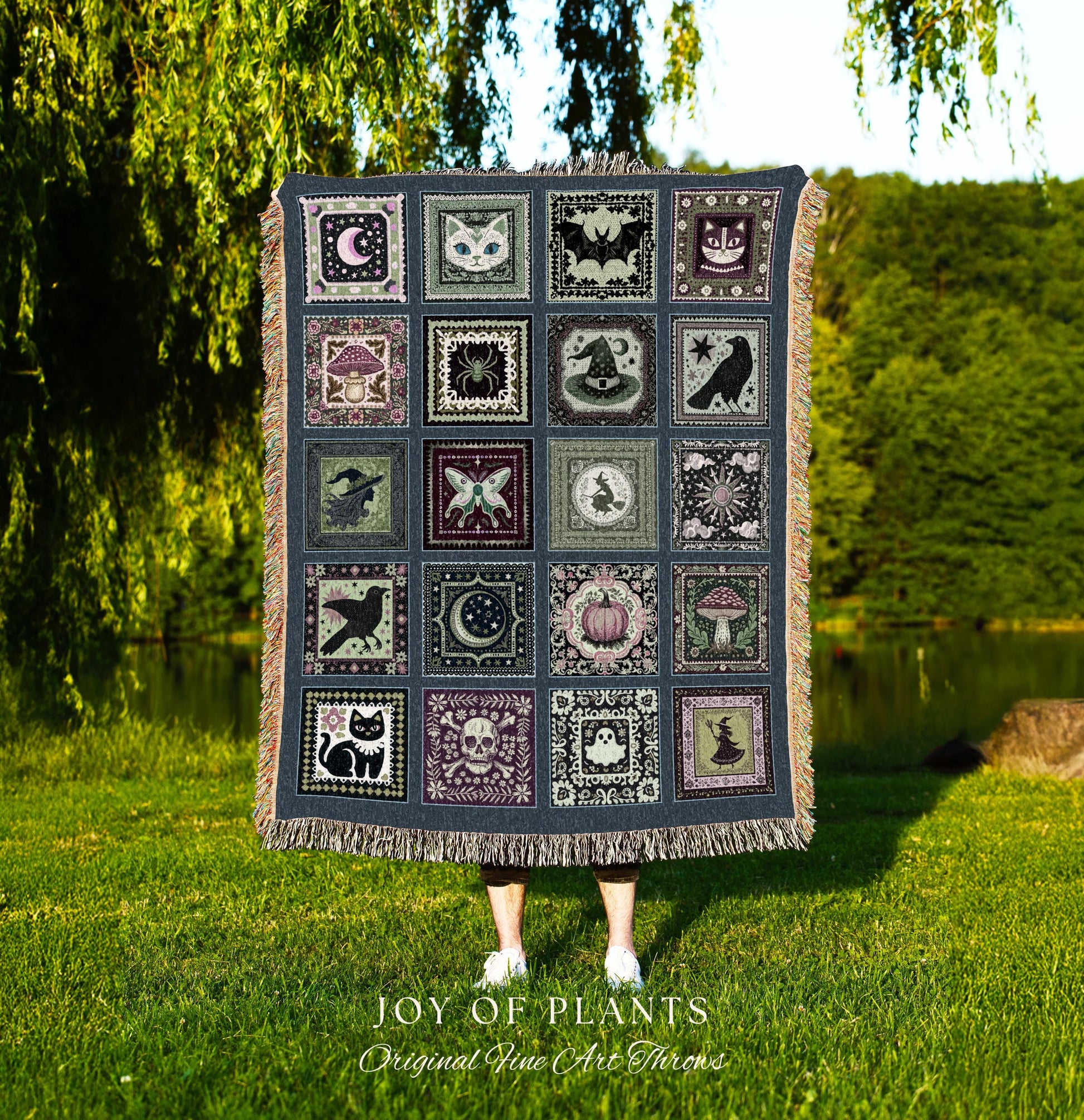 Witchy Magic Woven Cotton Throw Blanket | Rustic Halloween Bedroom Accent Gothic Spooky Decor Cozy Whimsigoth Tapestry Gift for Autumn Style