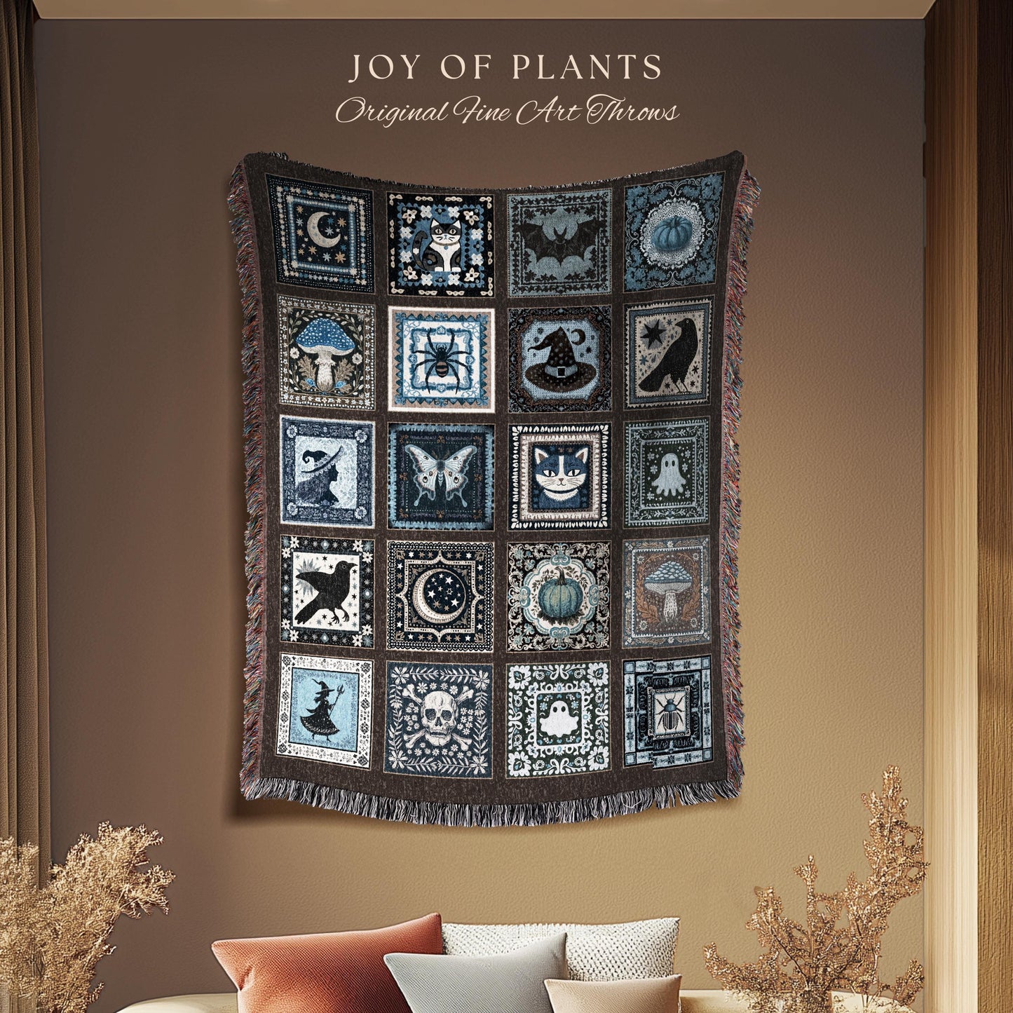 Rustic Witch Ethereal Throw Blanket | Whimsical Halloween Tapestry Cute Whimsigoth Bedroom Accent Spooky Aesthetic Gift Floral Goth Decor |