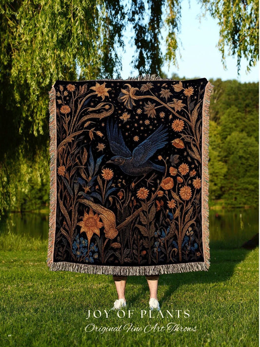 Dark Academia Raven Woven Throw Blanket Crow Wall Art Woven Wall Hanging Gothic Decor Crowcore Aestheic Dark Cottagecore Blanket Cotton