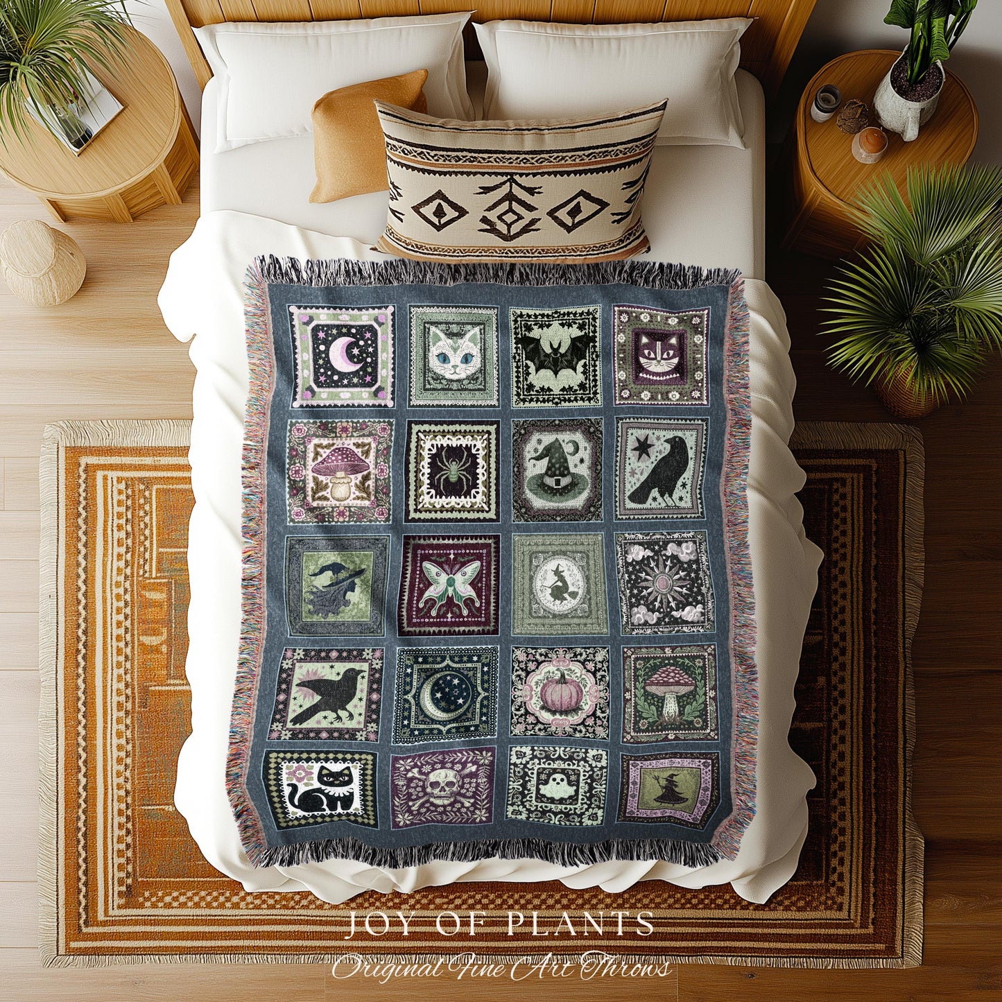 Witchy Magic Woven Cotton Throw Blanket | Rustic Halloween Bedroom Accent Gothic Spooky Decor Cozy Whimsigoth Tapestry Gift for Autumn Style