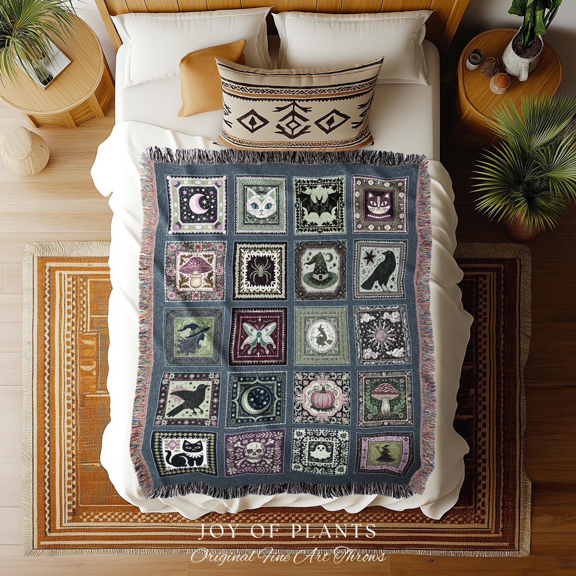 Witchy Magic Woven Cotton Throw Blanket | Rustic Halloween Bedroom Accent Gothic Spooky Decor Cozy Whimsigoth Tapestry Gift for Autumn Style