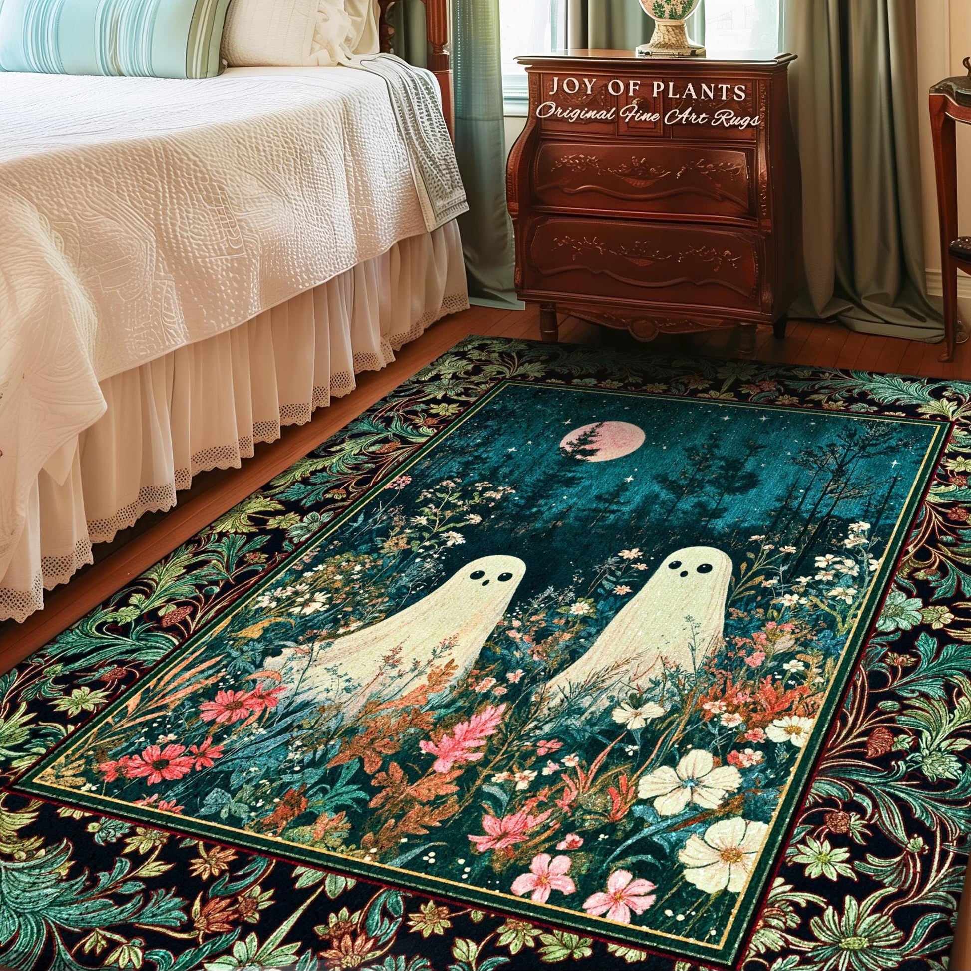 Ghost Friends Wildflower Moon Area Rug | Cute Whimsigothic Decoration Spooky Vibes Haunted Forest Cottagecore Decor Artistic Botanical Cozy