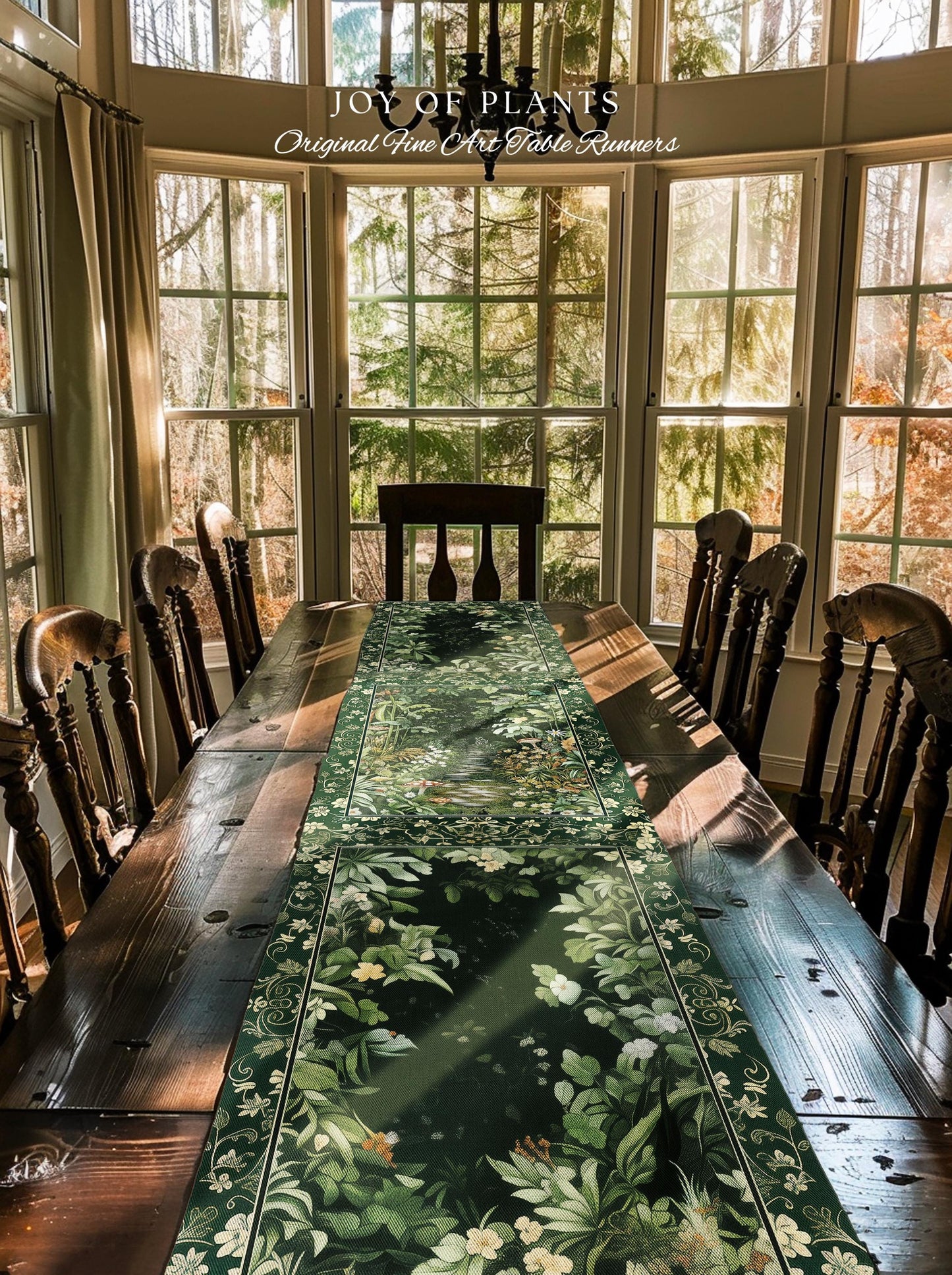 Soft Green Woodland Area Table Runner | Fairycore Woodland Nature Lover Dining Room Table Decor Cozy Earthy Jungle Whimsical Aesthetic Style