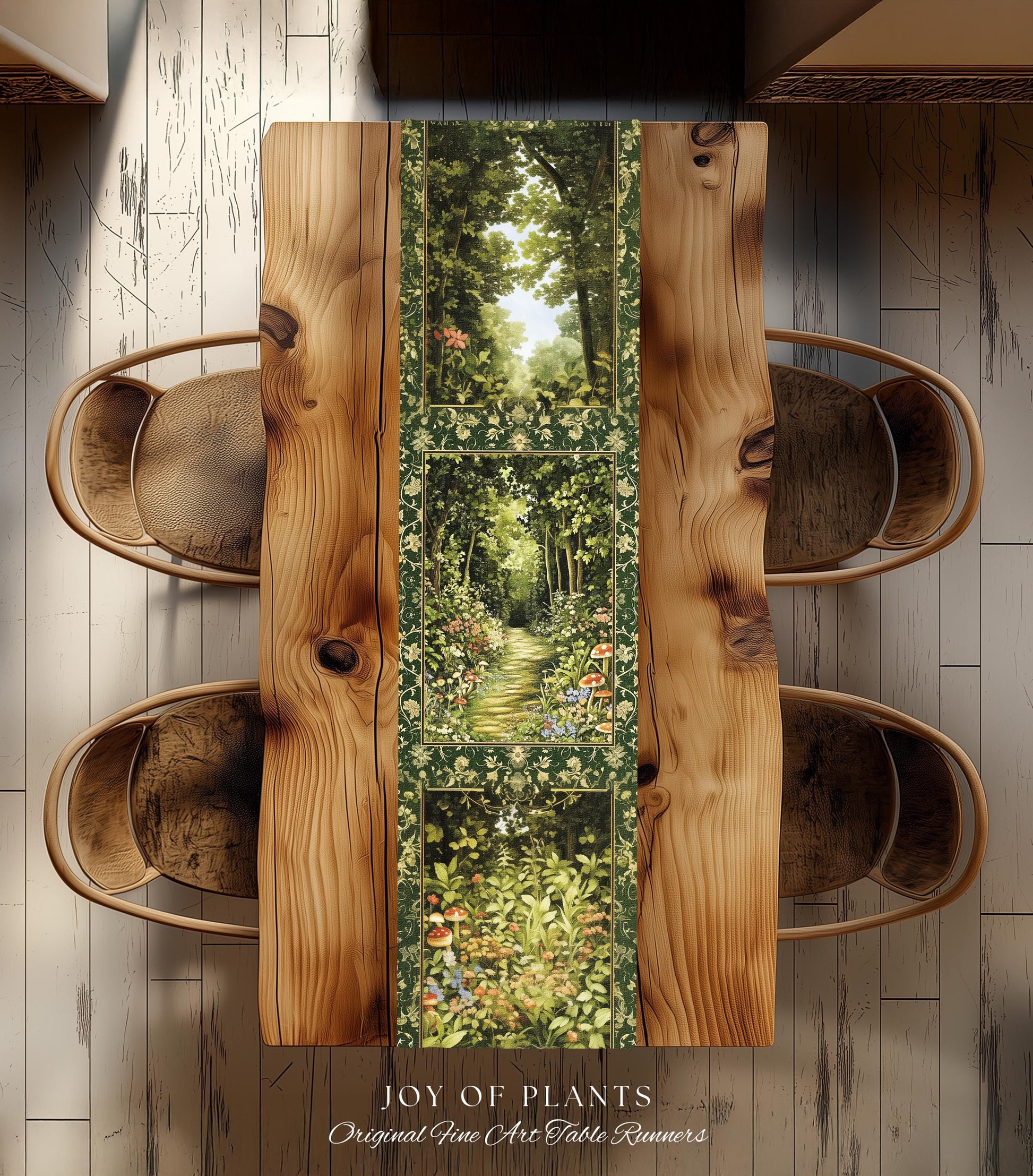 Natural Plants Ethereal Folklore Table Runner | Woodland Fairy Inspired Nature Lover Dining Room Cozy Earthy Aesthetic Mystical Floral Style