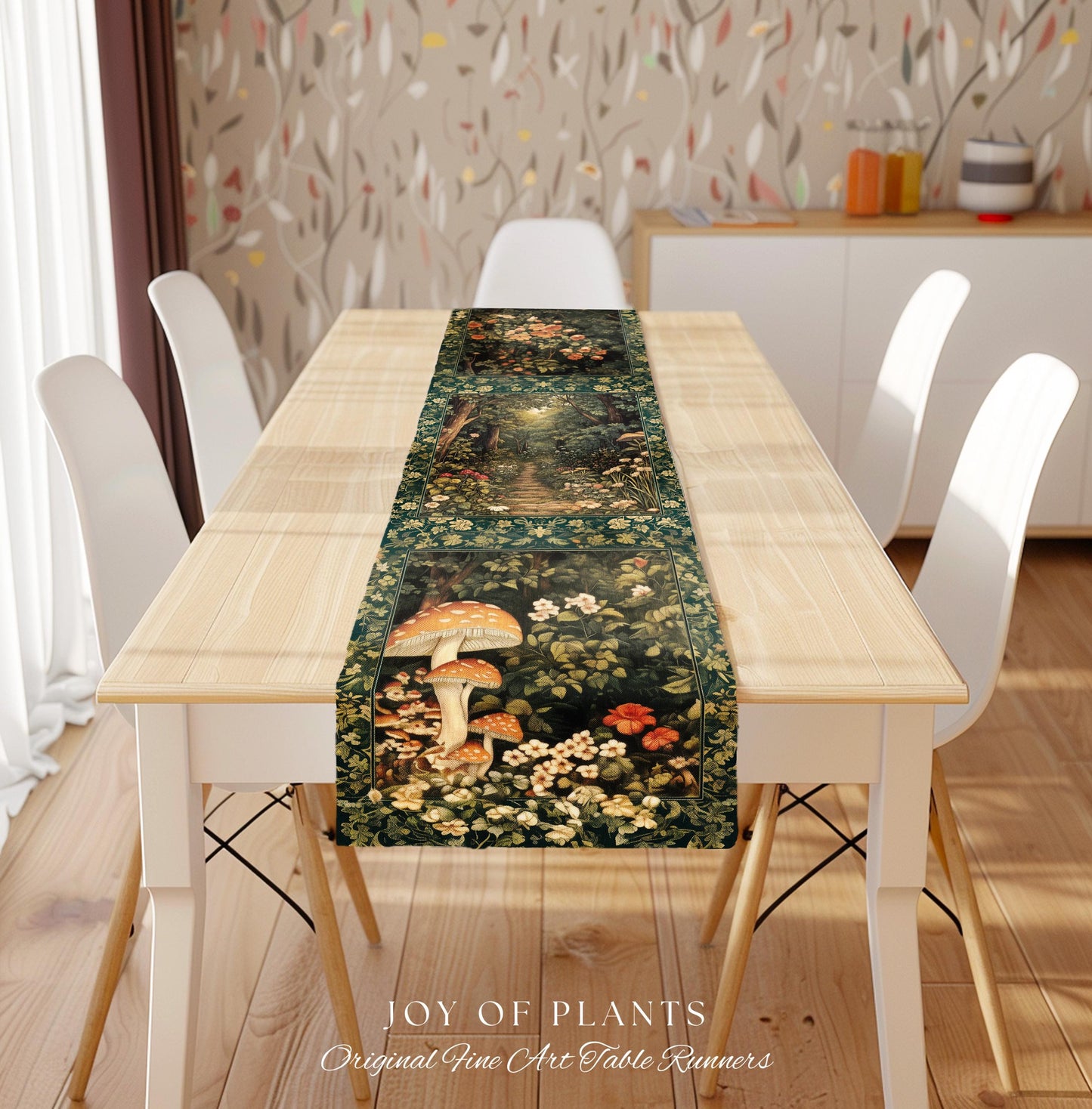 Botanical Bedroom Table Runner Fairycore | Woodland Mushroom Aesthetic Nature Lover Dining Room Decor Ethereal Emerald Green Decor Fairycore