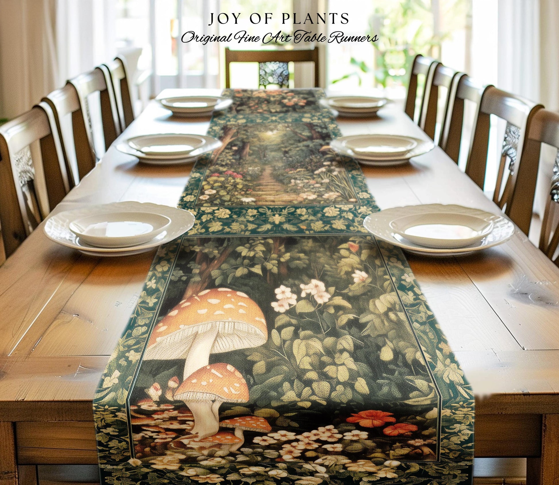 Botanical Bedroom Table Runner Fairycore | Woodland Mushroom Aesthetic Nature Lover Dining Room Decor Ethereal Emerald Green Decor Fairycore
