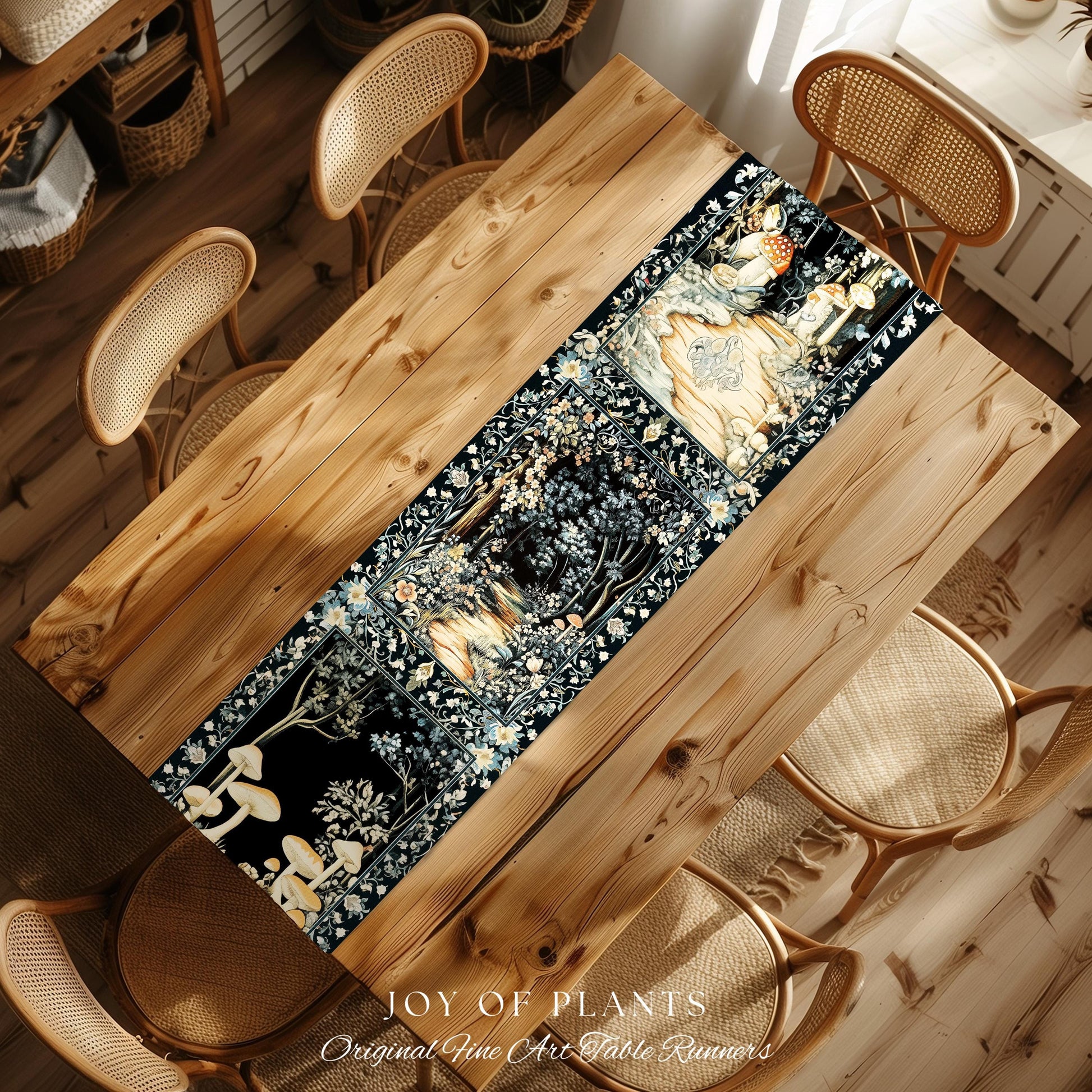 Dreamy Forest Landscape Botanical Table Runner | Misty Forest Dark Cottagecore Aesthetic Fairycore Dining Room Table Magical Jungle Decor