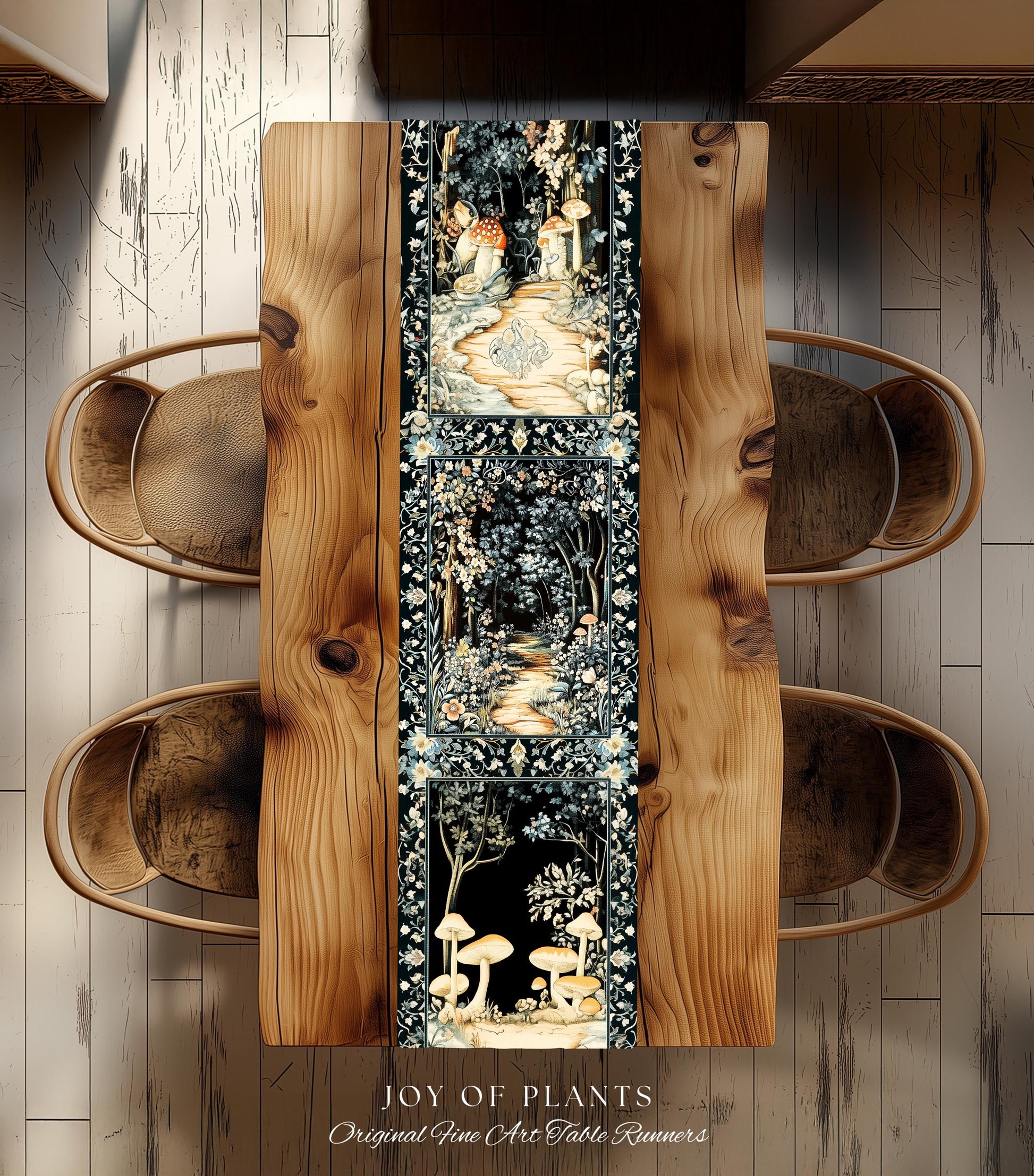 Dreamy Forest Landscape Botanical Table Runner | Misty Forest Dark Cottagecore Aesthetic Fairycore Dining Room Table Magical Jungle Decor