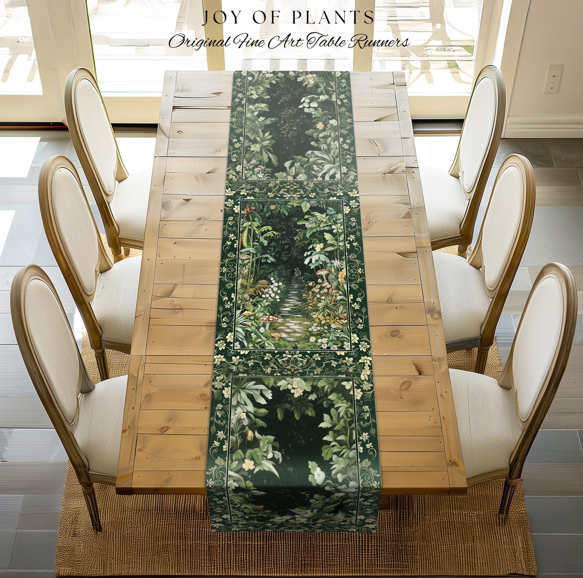 Soft Green Woodland Area Table Runner | Fairycore Woodland Nature Lover Dining Room Table Decor Cozy Earthy Jungle Whimsical Aesthetic Style