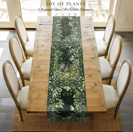 Soft Green Woodland Area Table Runner | Fairycore Woodland Nature Lover Dining Room Table Decor Cozy Earthy Jungle Whimsical Aesthetic Style