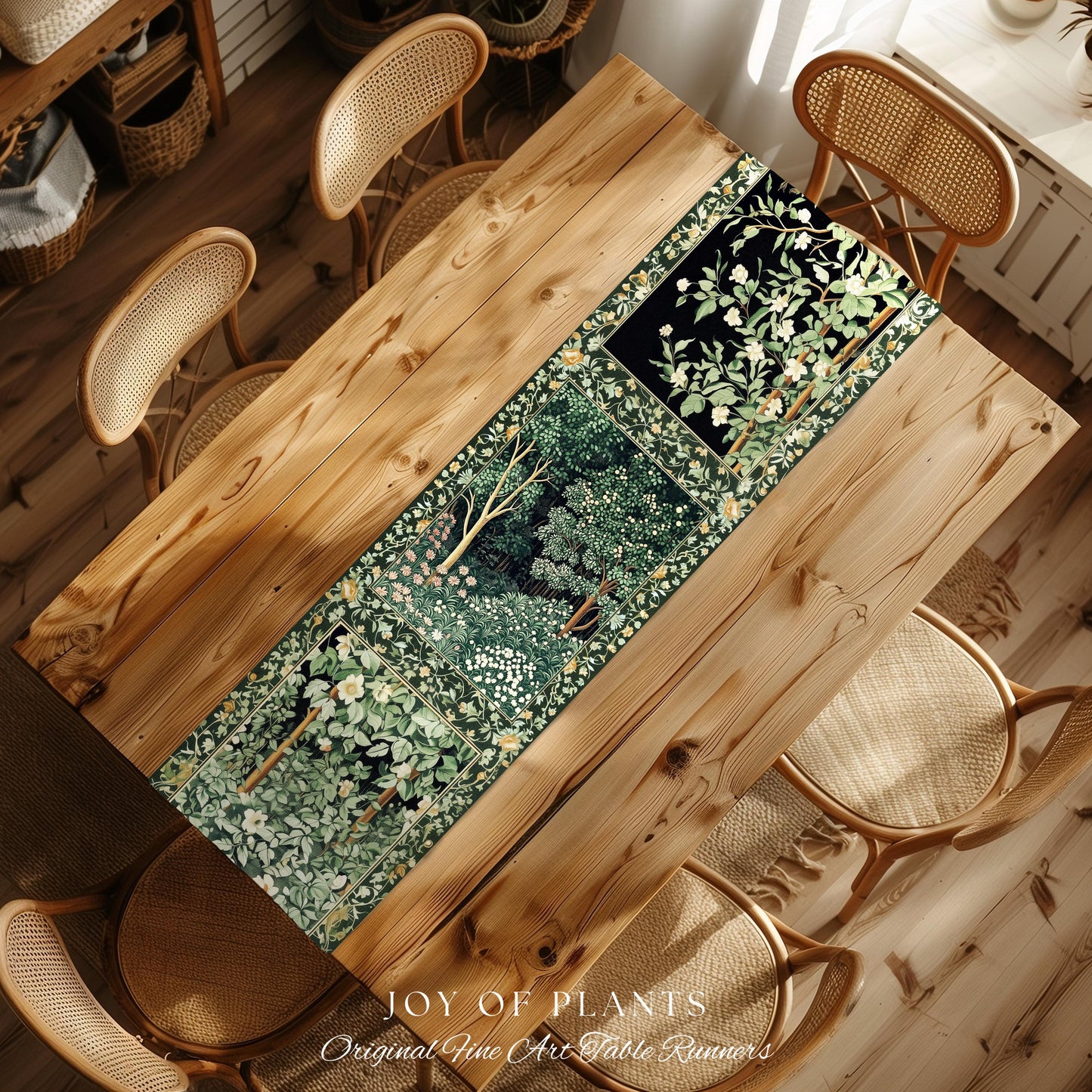 Medieval Forest Botanical Accent Table Runner | Woodland Botanical Emerald Green Vintage Aesthetic Mystic Dining Room Decorations Magical |