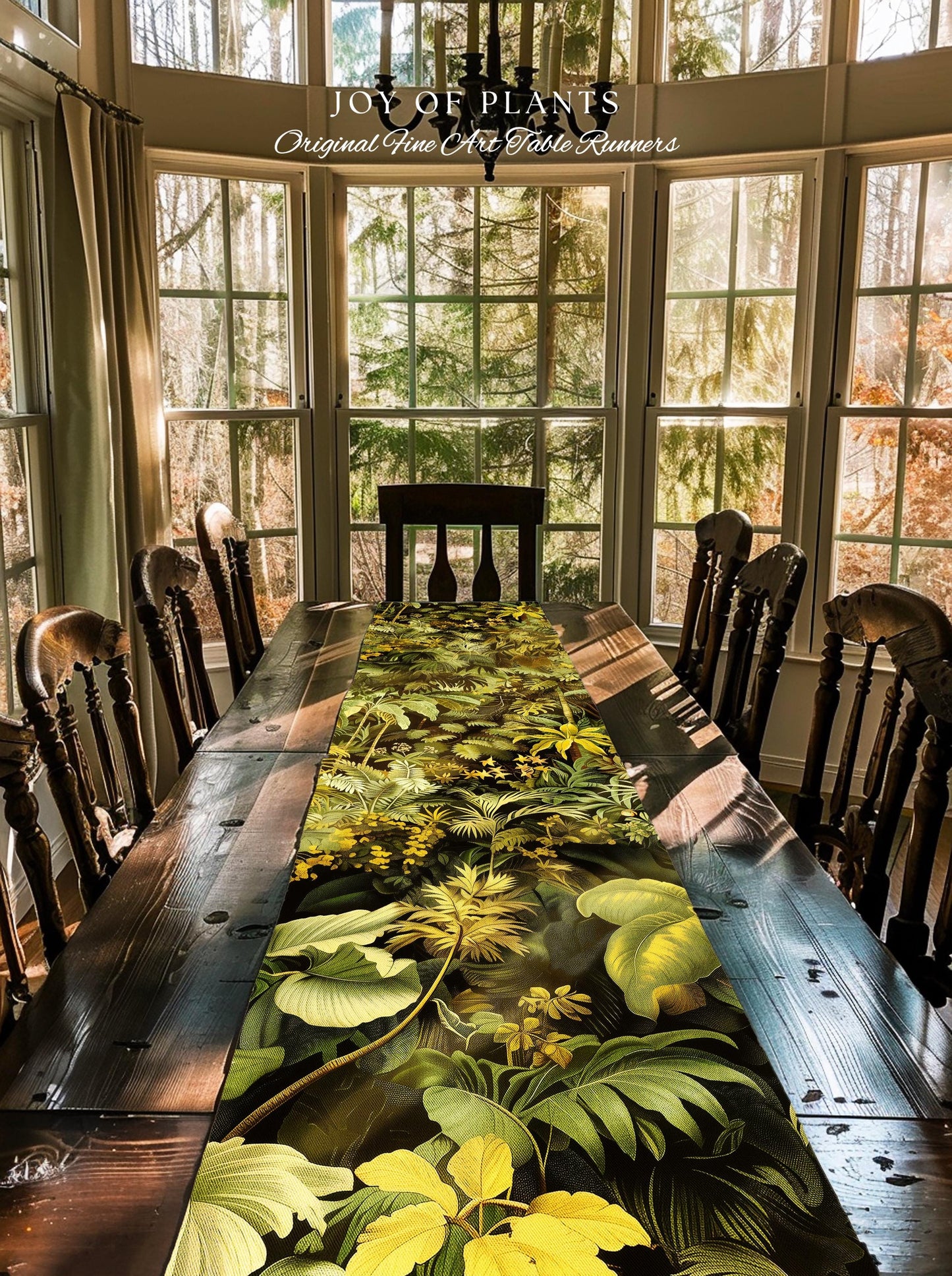 Moody Botanical Jungle Leaves Table Runner | Eclectic Green Maximalist Dining Room Table Whimsigoth Vintage Botanical Nature Forest Style |