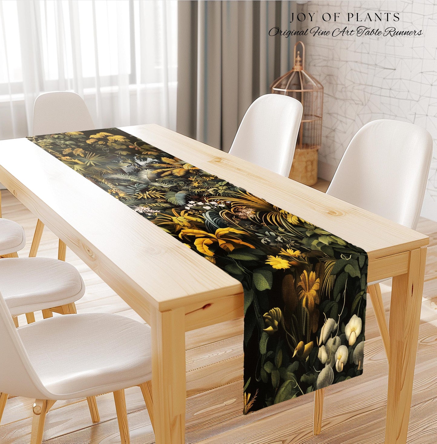 Earthy Colors Tropical Leaves Table Runner | Jungle Theme Dining Room Decor Whimsical Botanical Aesthetic Forest House Plant Foliage Natural