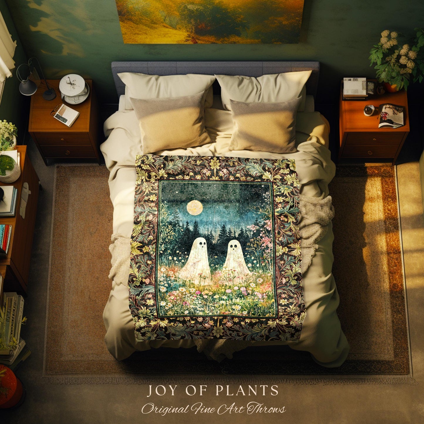 Autumn Spirits Lunar Meadow Ghost Throw | Spirit Tapestry Spooky Season Cottagecore Decor Gothic Enchantment Floral Blanket Woodland Fairy