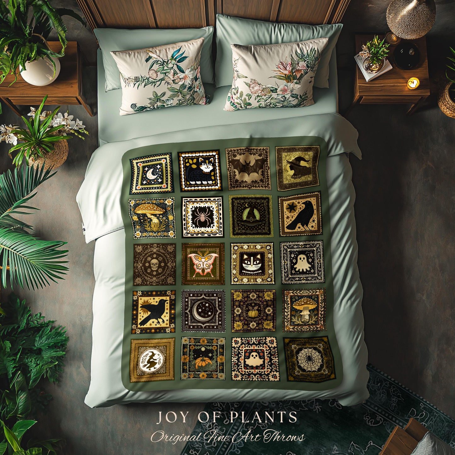 Olive Green Witchy Woven Throw Blanket | Halloween Witchcore Accent Whimsigoth Bedroom Tapestry Cozy Gothic Decor Gift for Cute Spooky Home