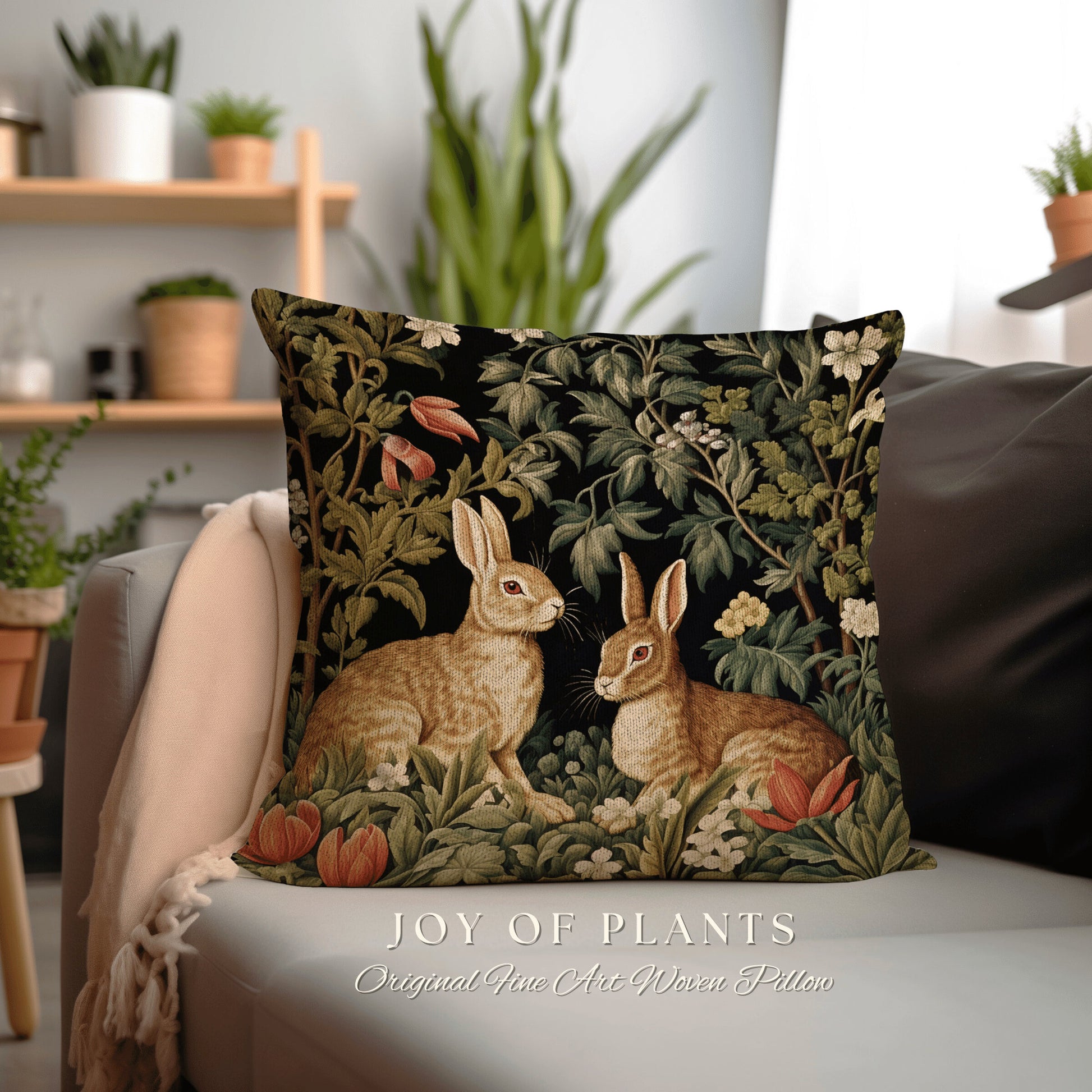 May include: A square throw pillow with a woven tapestry design. The design features two brown rabbits in a lush green forest with pink and white flowers. The pillow has the text 'JOY OF PLANTS' and 'Original Fine Art Woven Pillow'.