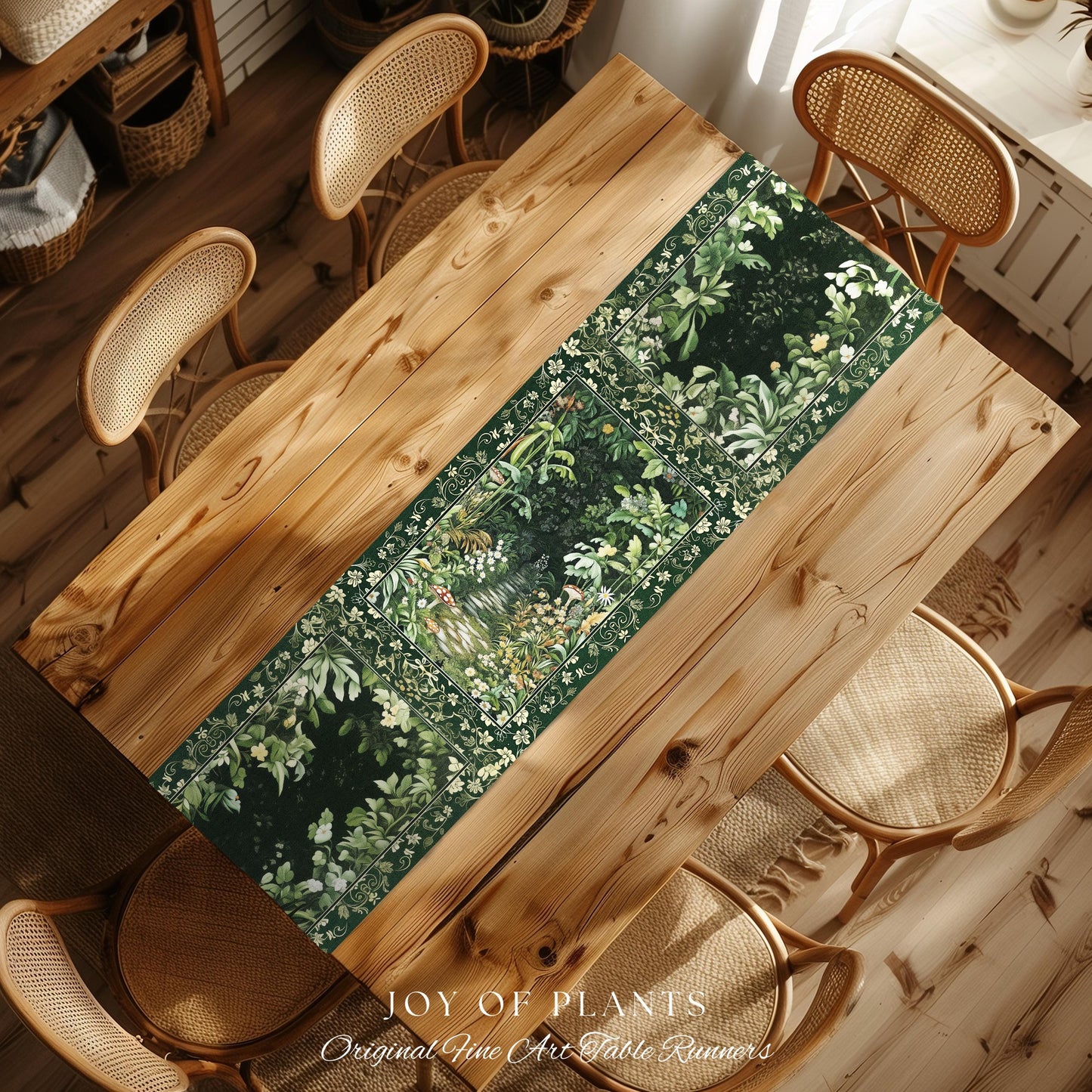 Soft Green Woodland Area Table Runner | Fairycore Woodland Nature Lover Dining Room Table Decor Cozy Earthy Jungle Whimsical Aesthetic Style