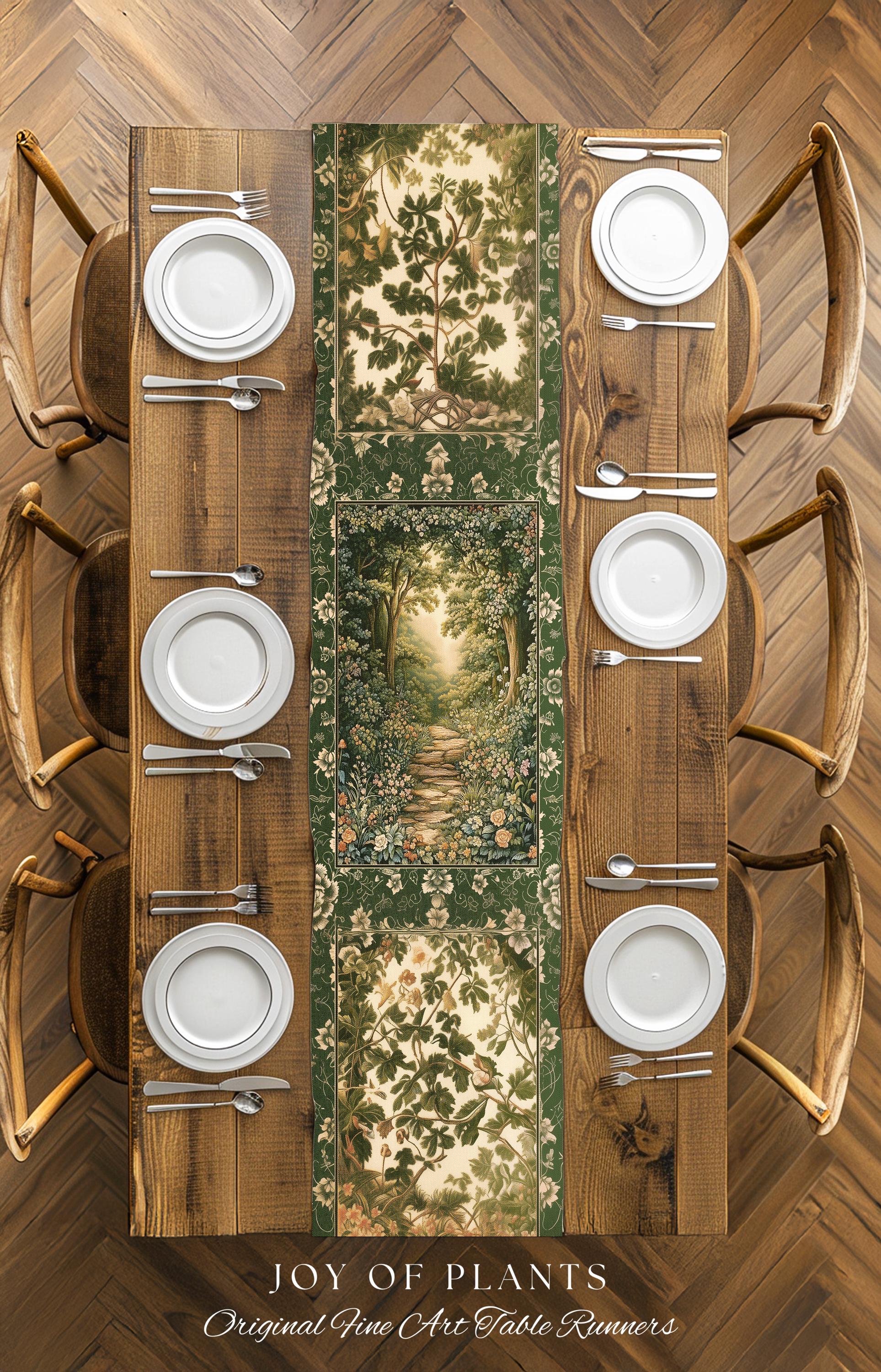 Mystic Garden Fairytale Landscape Table Runner | Fairycore Woodland Nature Lover Dining Room Cozy Earthy Home Decor Whimsical Floral Style |