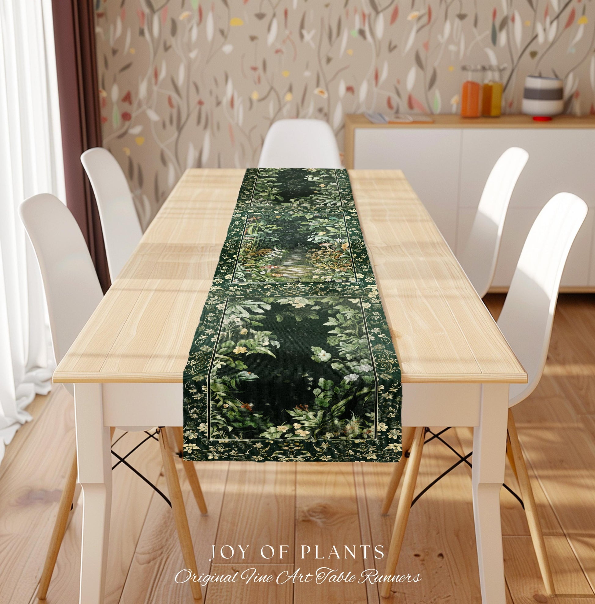 Soft Green Woodland Area Table Runner | Fairycore Woodland Nature Lover Dining Room Table Decor Cozy Earthy Jungle Whimsical Aesthetic Style