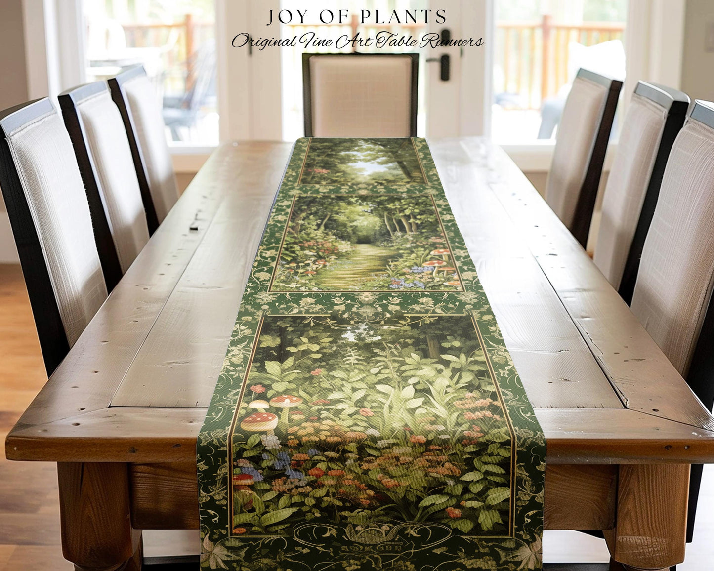 Natural Plants Ethereal Folklore Table Runner | Woodland Fairy Inspired Nature Lover Dining Room Cozy Earthy Aesthetic Mystical Floral Style