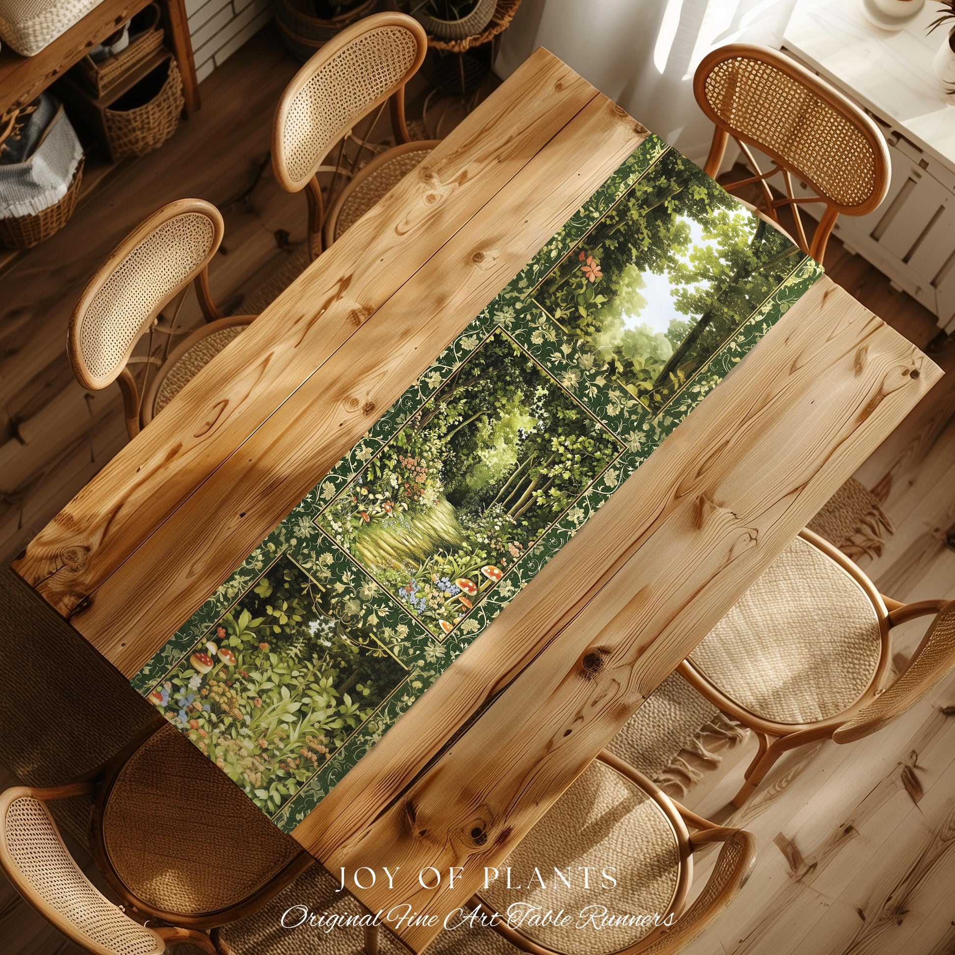 Natural Plants Ethereal Folklore Table Runner | Woodland Fairy Inspired Nature Lover Dining Room Cozy Earthy Aesthetic Mystical Floral Style
