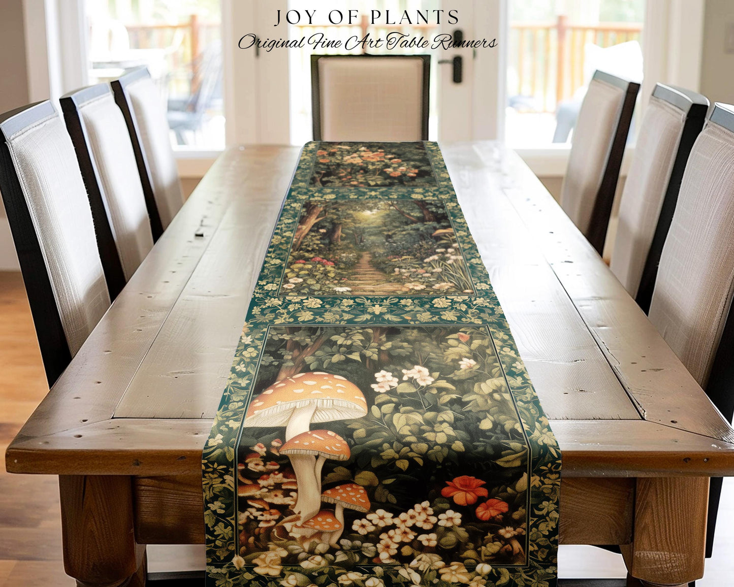 Botanical Bedroom Table Runner Fairycore | Woodland Mushroom Aesthetic Nature Lover Dining Room Decor Ethereal Emerald Green Decor Fairycore