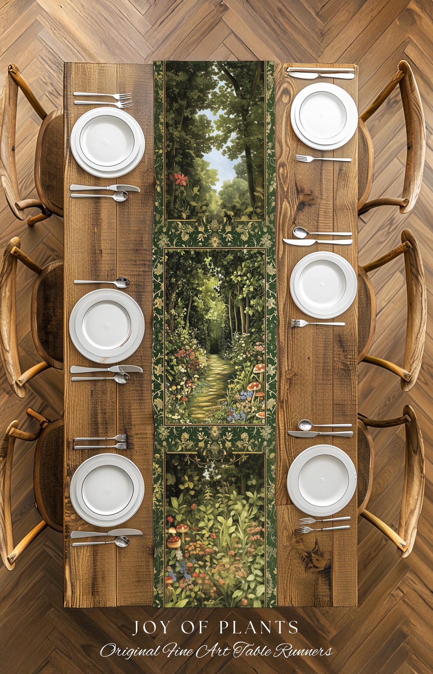 Natural Plants Ethereal Folklore Table Runner | Woodland Fairy Inspired Nature Lover Dining Room Cozy Earthy Aesthetic Mystical Floral Style