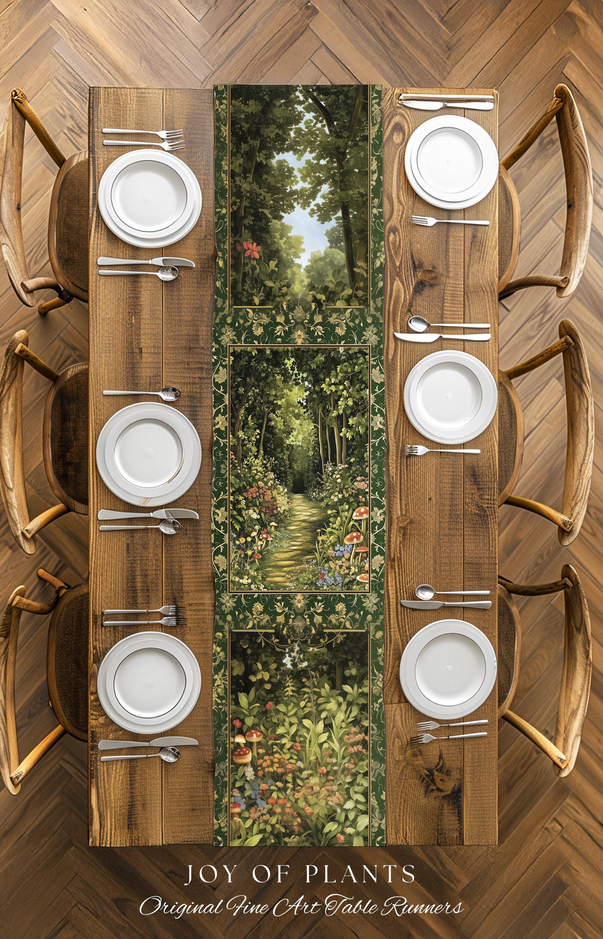 Natural Plants Ethereal Folklore Table Runner | Woodland Fairy Inspired Nature Lover Dining Room Cozy Earthy Aesthetic Mystical Floral Style