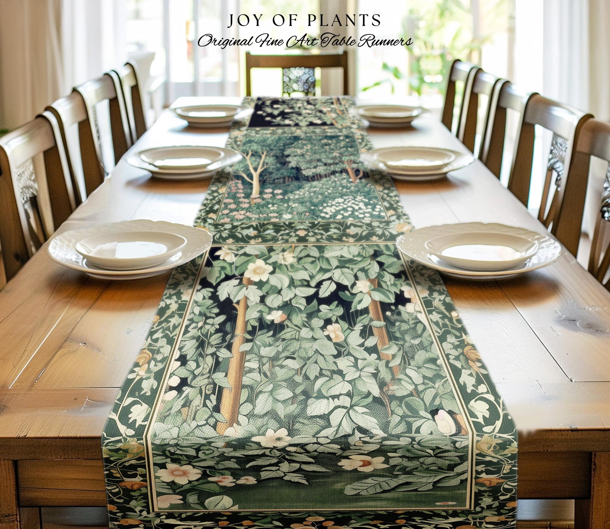 Medieval Forest Botanical Accent Table Runner | Woodland Botanical Emerald Green Vintage Aesthetic Mystic Dining Room Decorations Magical |