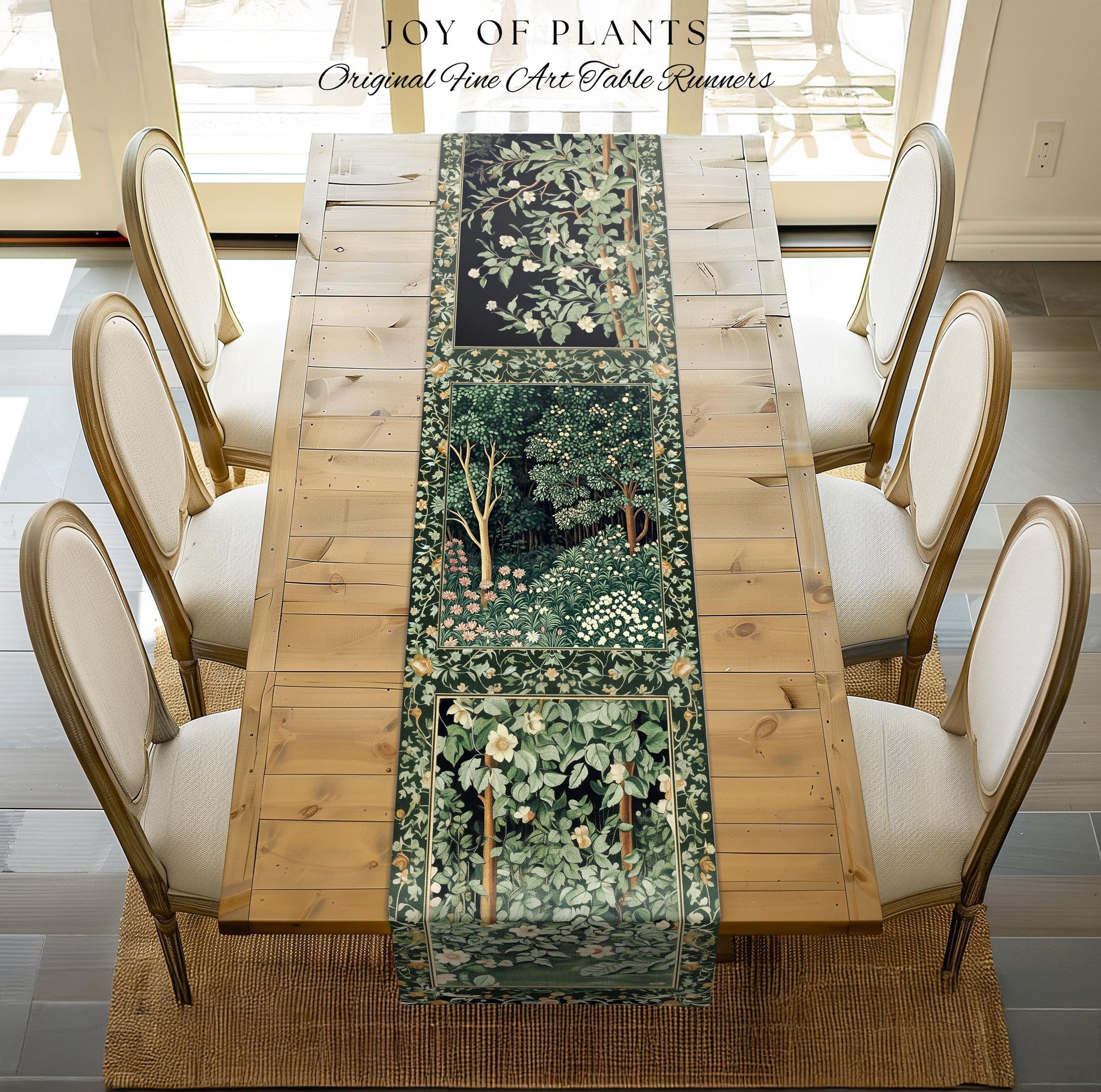 Medieval Forest Botanical Accent Table Runner | Woodland Botanical Emerald Green Vintage Aesthetic Mystic Dining Room Decorations Magical |