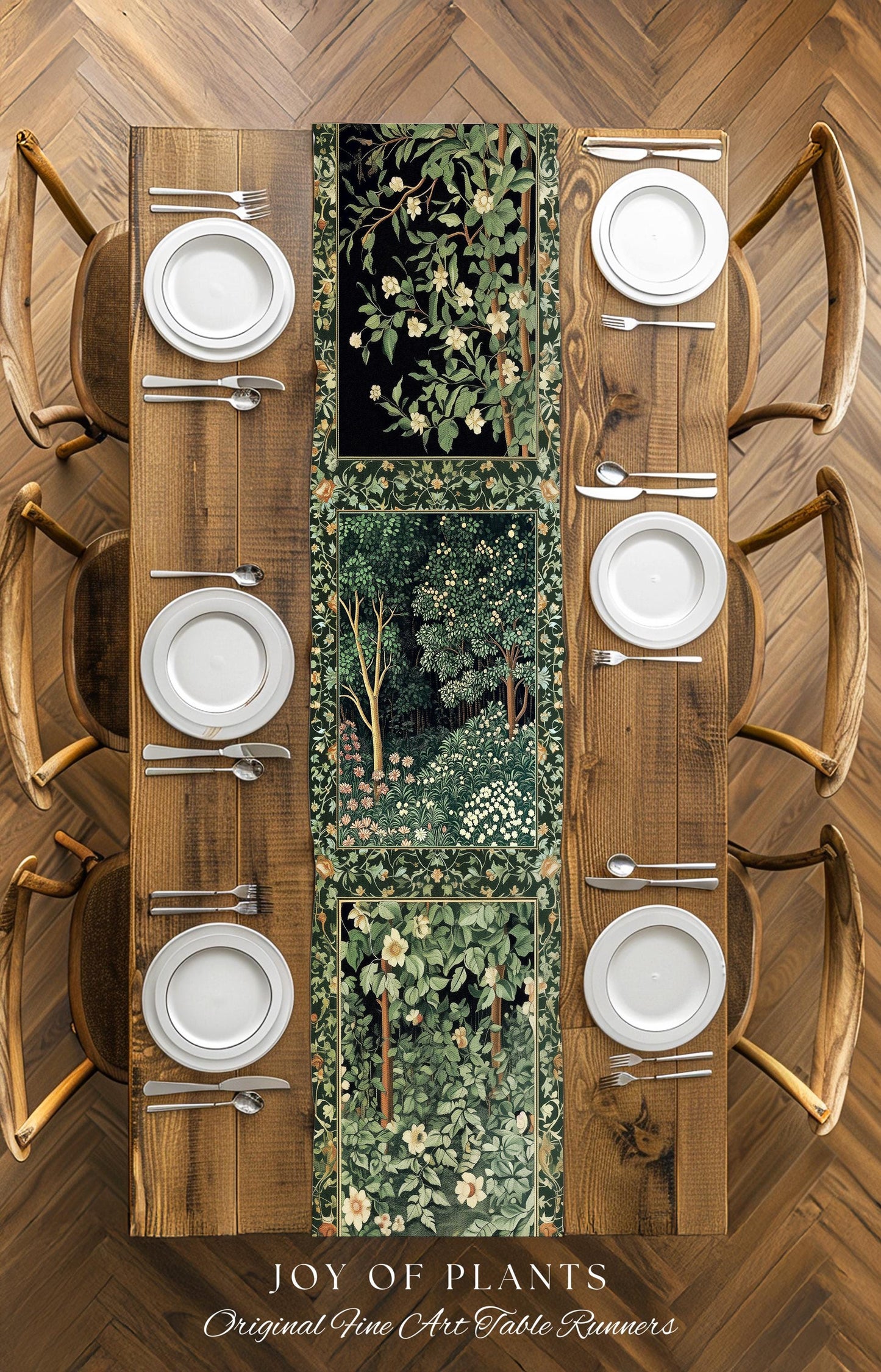 Medieval Forest Botanical Accent Table Runner | Woodland Botanical Emerald Green Vintage Aesthetic Mystic Dining Room Decorations Magical |