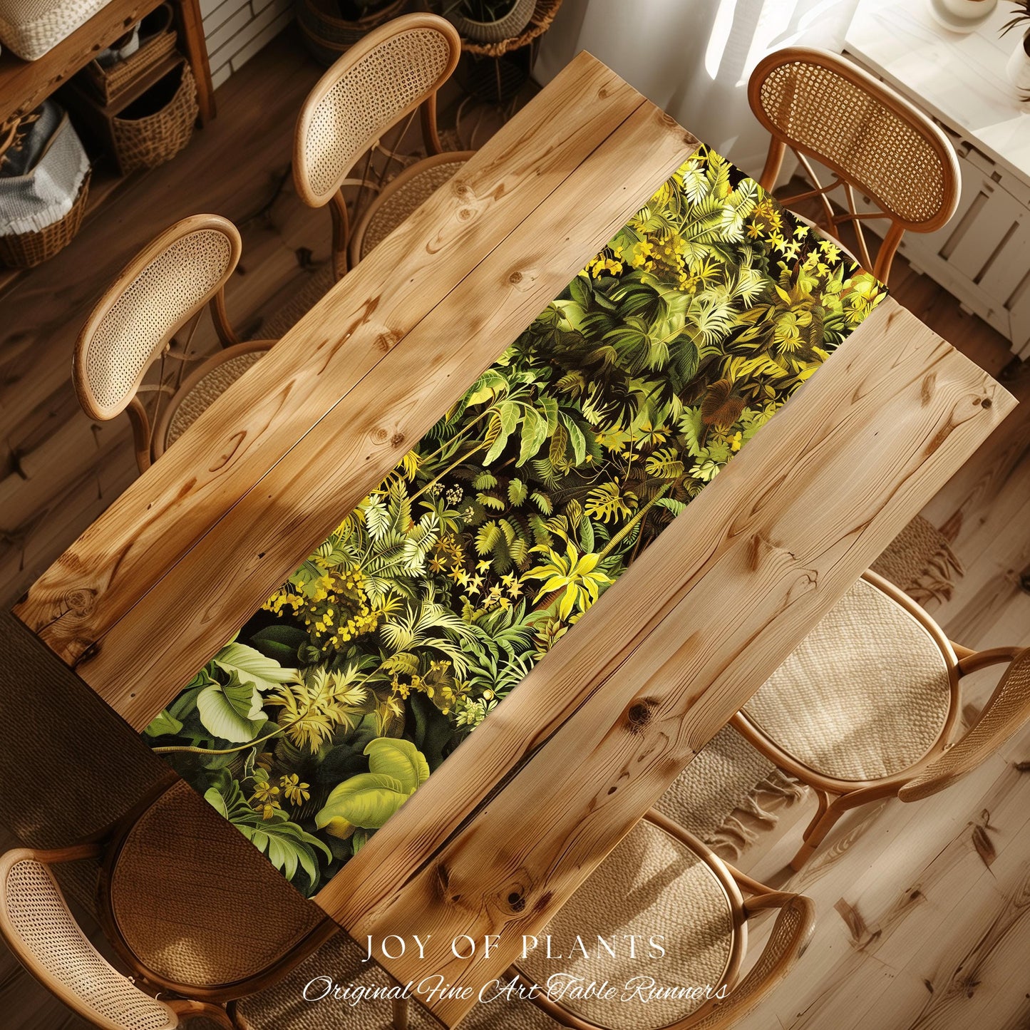 Moody Botanical Jungle Leaves Table Runner | Eclectic Green Maximalist Dining Room Table Whimsigoth Vintage Botanical Nature Forest Style |