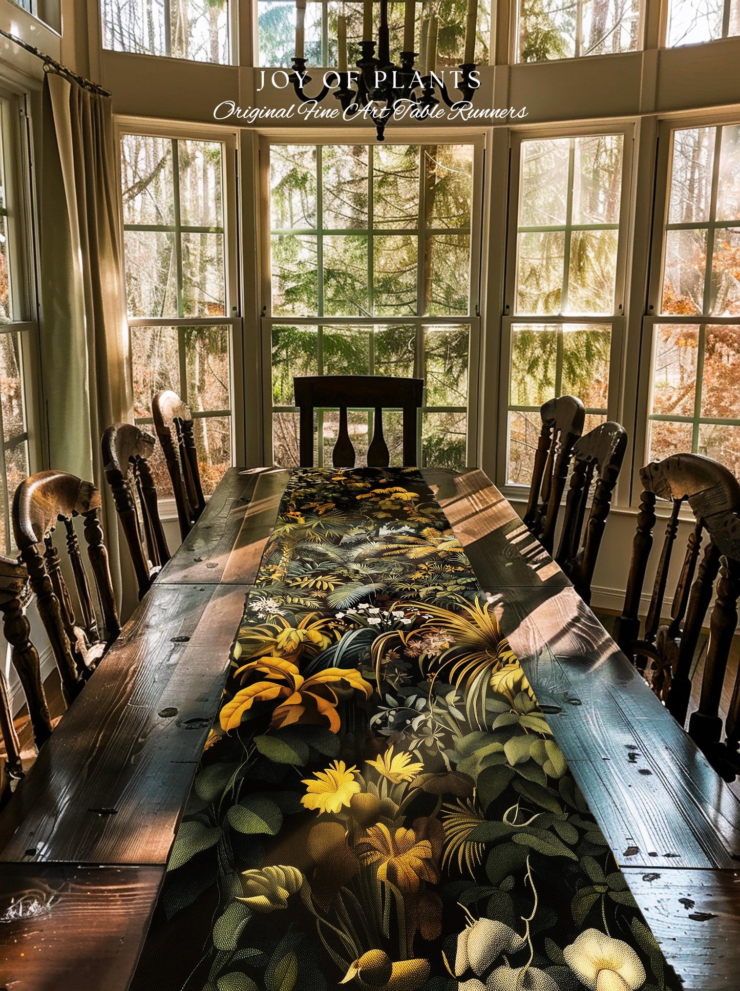 Earthy Colors Tropical Leaves Table Runner | Jungle Theme Dining Room Decor Whimsical Botanical Aesthetic Forest House Plant Foliage Natural