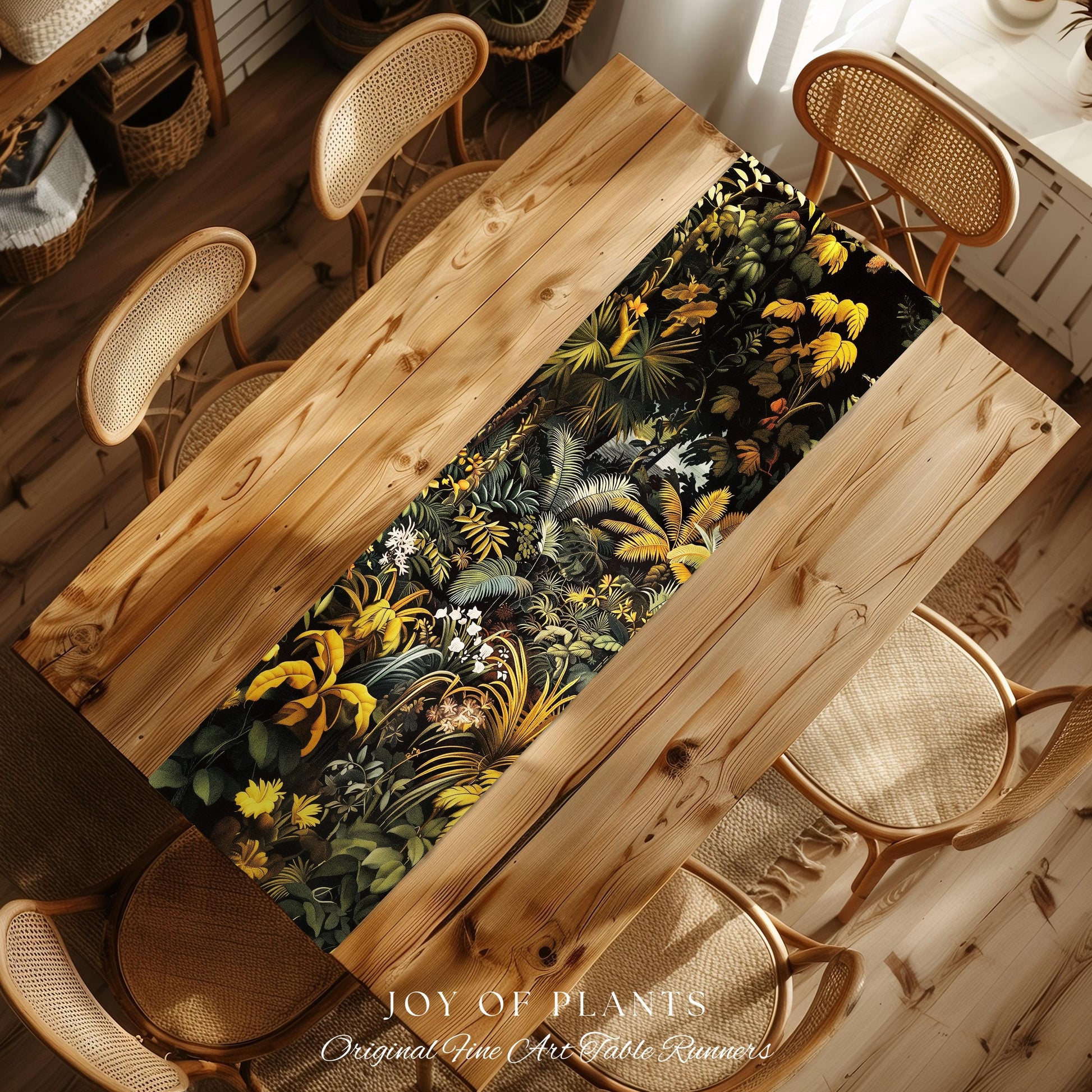 Earthy Colors Tropical Leaves Table Runner | Jungle Theme Dining Room Decor Whimsical Botanical Aesthetic Forest House Plant Foliage Natural