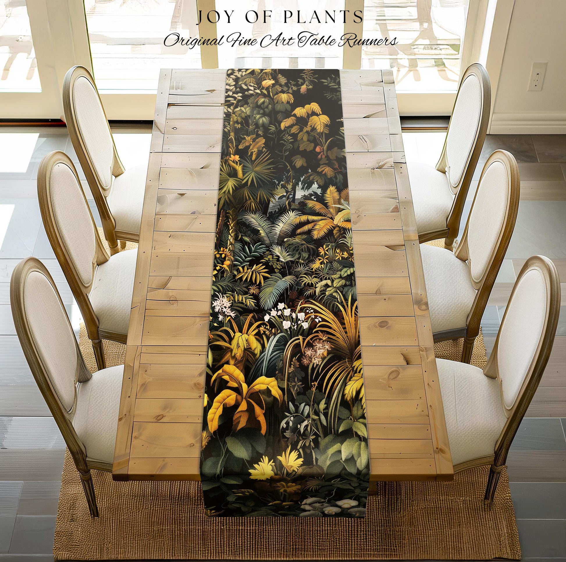 Earthy Colors Tropical Leaves Table Runner | Jungle Theme Dining Room Decor Whimsical Botanical Aesthetic Forest House Plant Foliage Natural