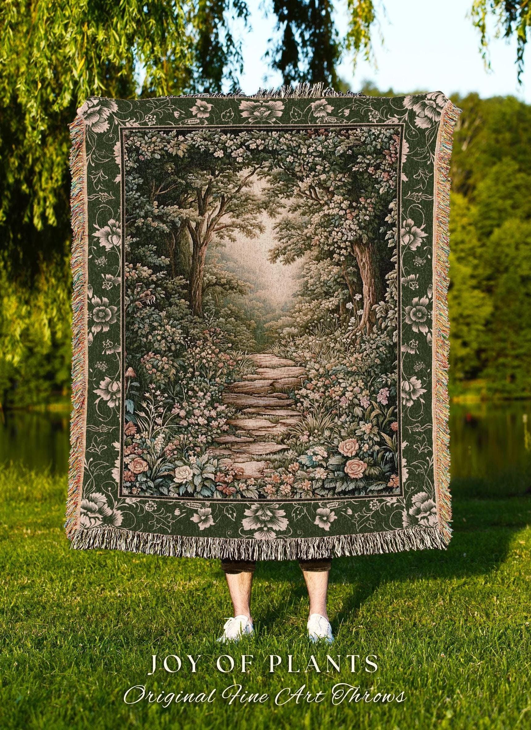 Mystic Garden Fairytale Landscape Tapestry Throw | Fairycore Woodland Nature Lover Book Nook Blanket Cozy Earthy Home Decor Whimsical Floral