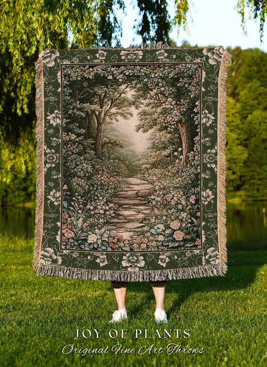 Mystic Garden Fairytale Landscape Tapestry Throw | Fairycore Woodland Nature Lover Book Nook Blanket Cozy Earthy Home Decor Whimsical Floral