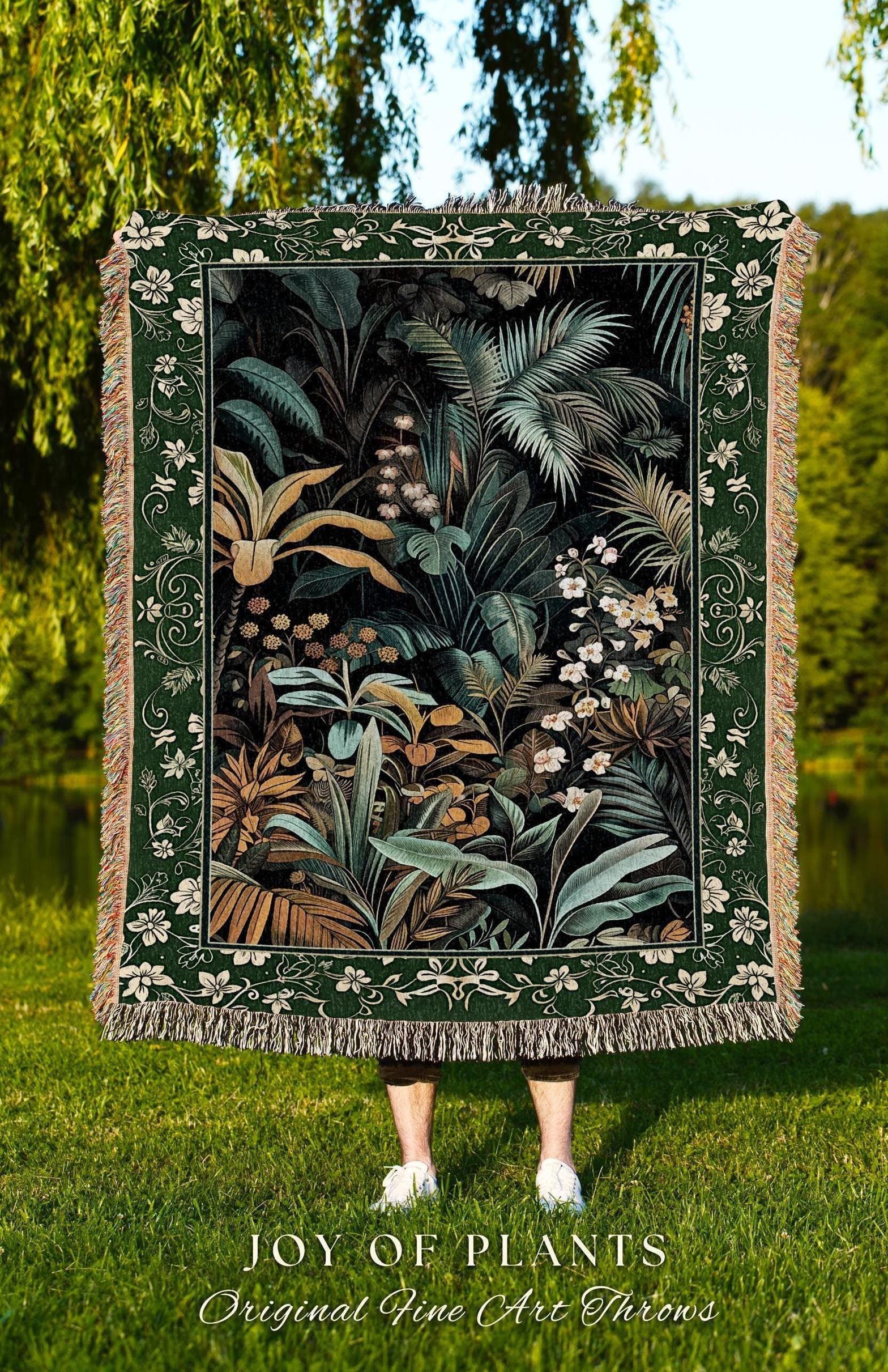 Jungle Leaves Botanical Woven Tapestry | Tropical Jungle Nature Lover Book Nook Cozy Plant Lover Boho Bedroom Decor Elegant Woven Blanket |