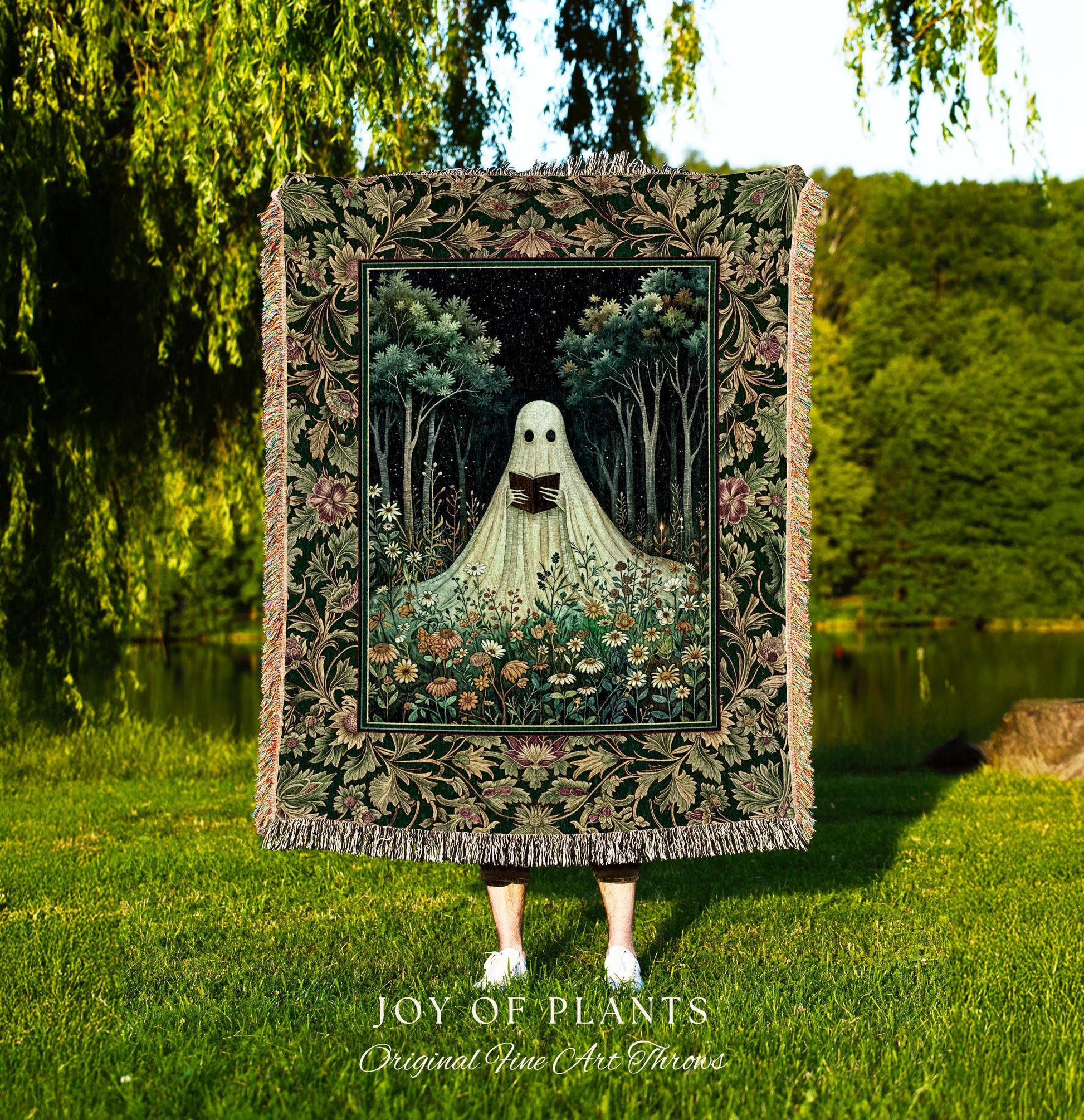 Reading Ghost Wildflower Tapestry Blanket | Gothic Decor Goth Lover Gift Cozy Home Halloween Decoration Fall Accent Botanical Spirit Witchy