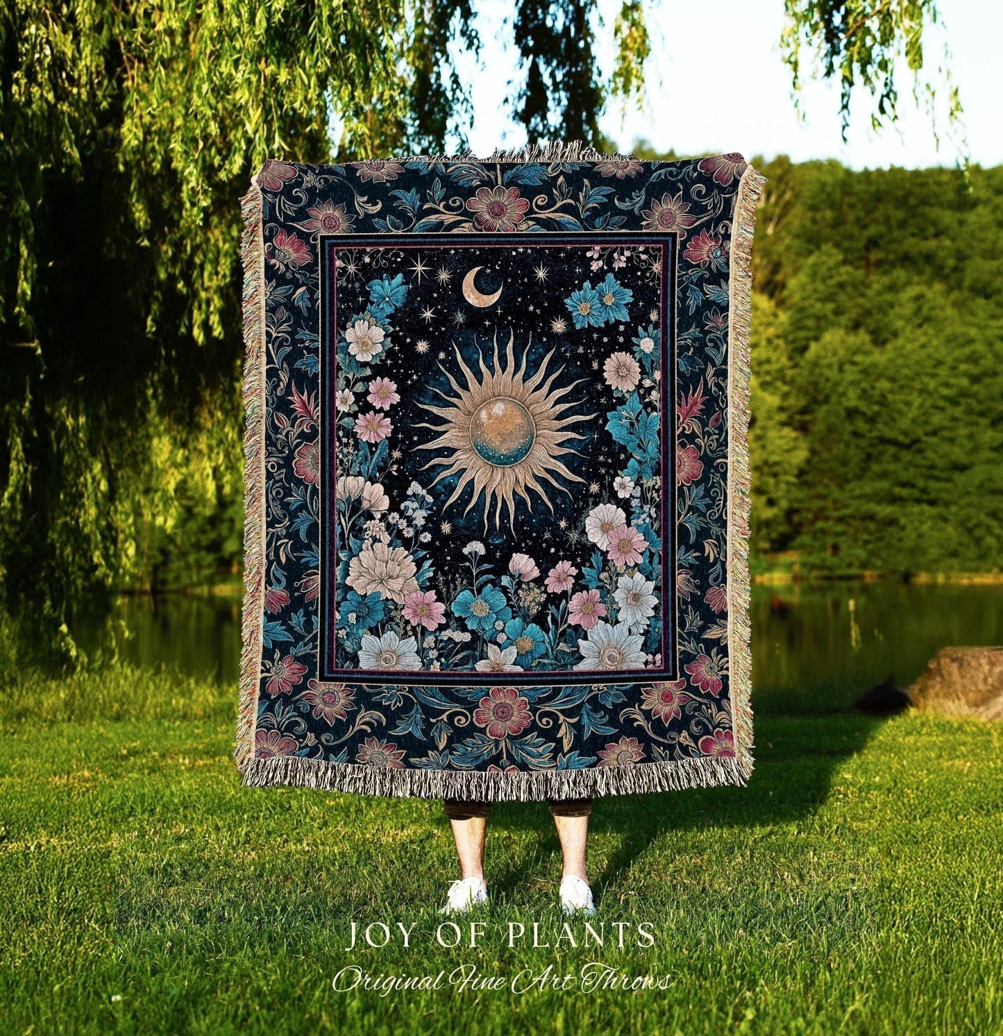 Celestial Sun Rustic Wall Tapestry | Eclectic Bedroom Accent Wildflowers Tapestry Cosmic Astrology Throw Blanket Psychedelic Tarot Decor |