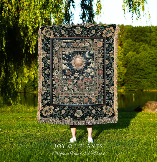 Dreamy Aesthetic Maximalist Tapestry | Sun and Moon Bohemian Sunshine Tapestry Astrology Throw Psychedelic Celestial Cozy Throw Blanket |