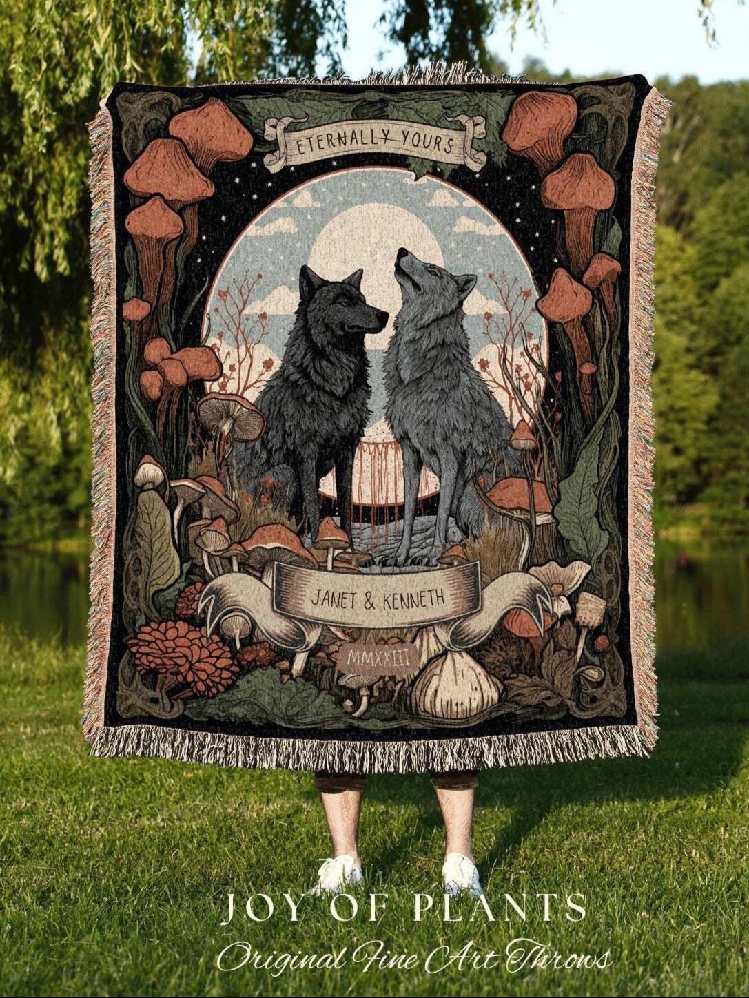 Woodland Wedding Custom Blanket | Outdoorsy Couple Anniversary Gift Custom Wolf Blanket Cottagecore Wedding Unique Couple Gifts Custom Names