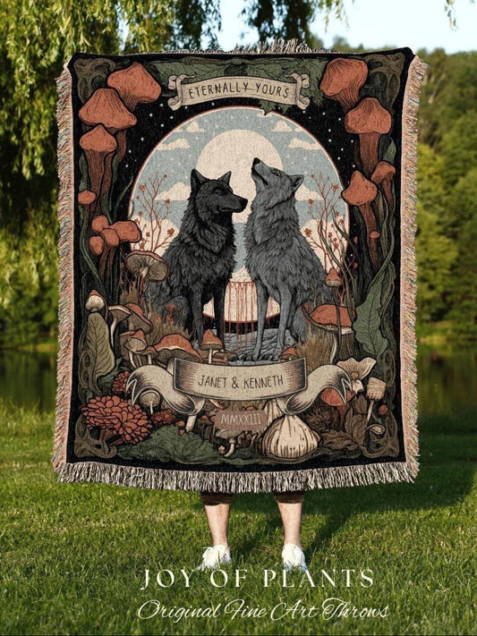 Woodland Wedding Custom Blanket | Outdoorsy Couple Anniversary Gift Custom Wolf Blanket Cottagecore Wedding Unique Couple Gifts Custom Names