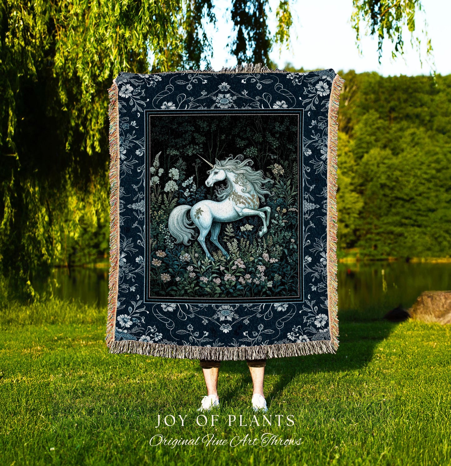 Midnight Magic Unicorn Tapestry | Dark Botanical Maximalist Bedroom Colorful Whimsical Victorian Fairycore Woven Throw Blanket Medieval |