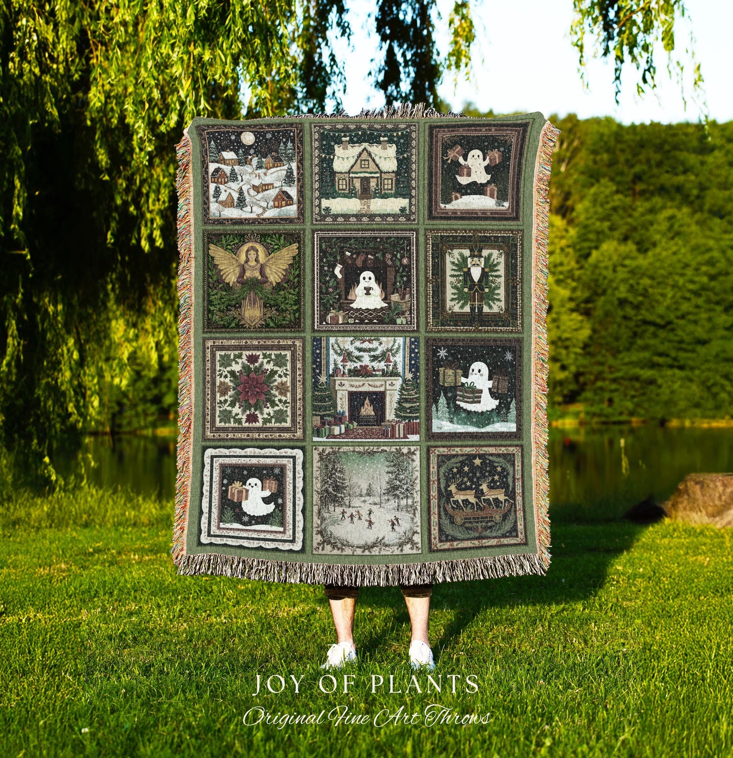 Whimsical Christmas Ghost Throw | Cozy Blanket Making Spirits Bright Retro Holiday Home Aesthetic Olive Green Scandi Boho Witchy Nostalgia |