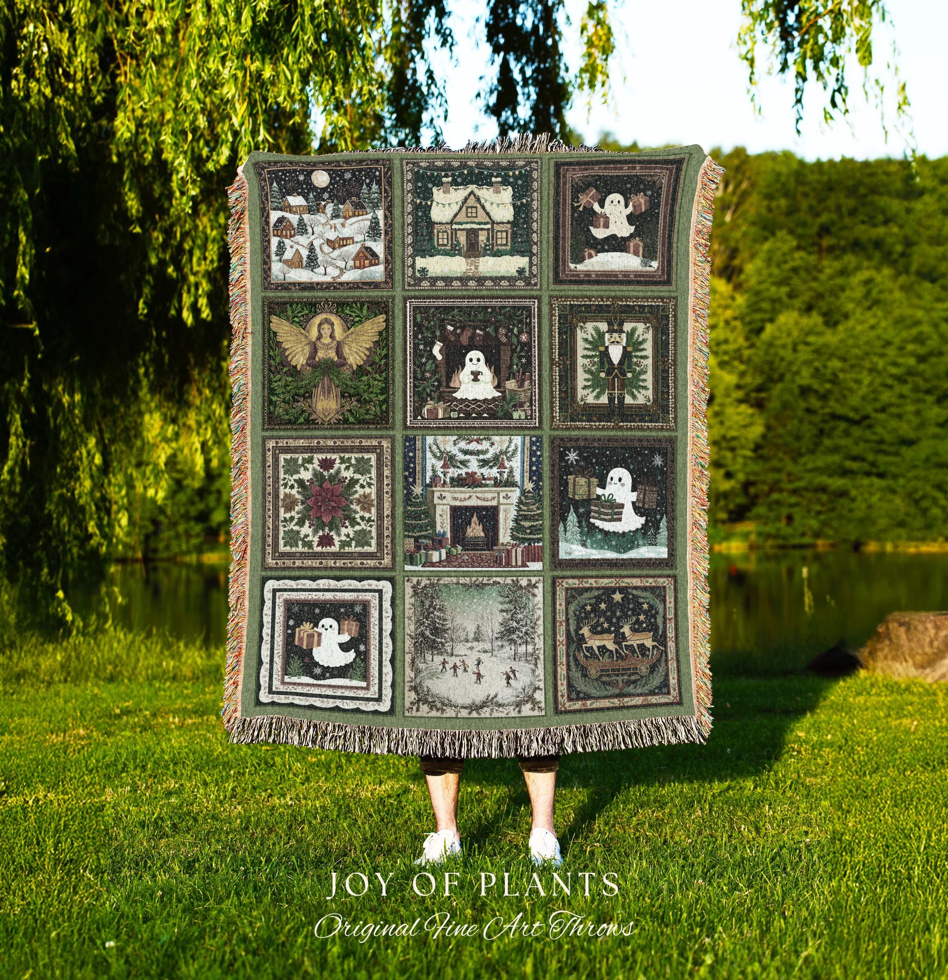 Whimsical Christmas Ghost Throw | Cozy Blanket Making Spirits Bright Retro Holiday Home Aesthetic Olive Green Scandi Boho Witchy Nostalgia |