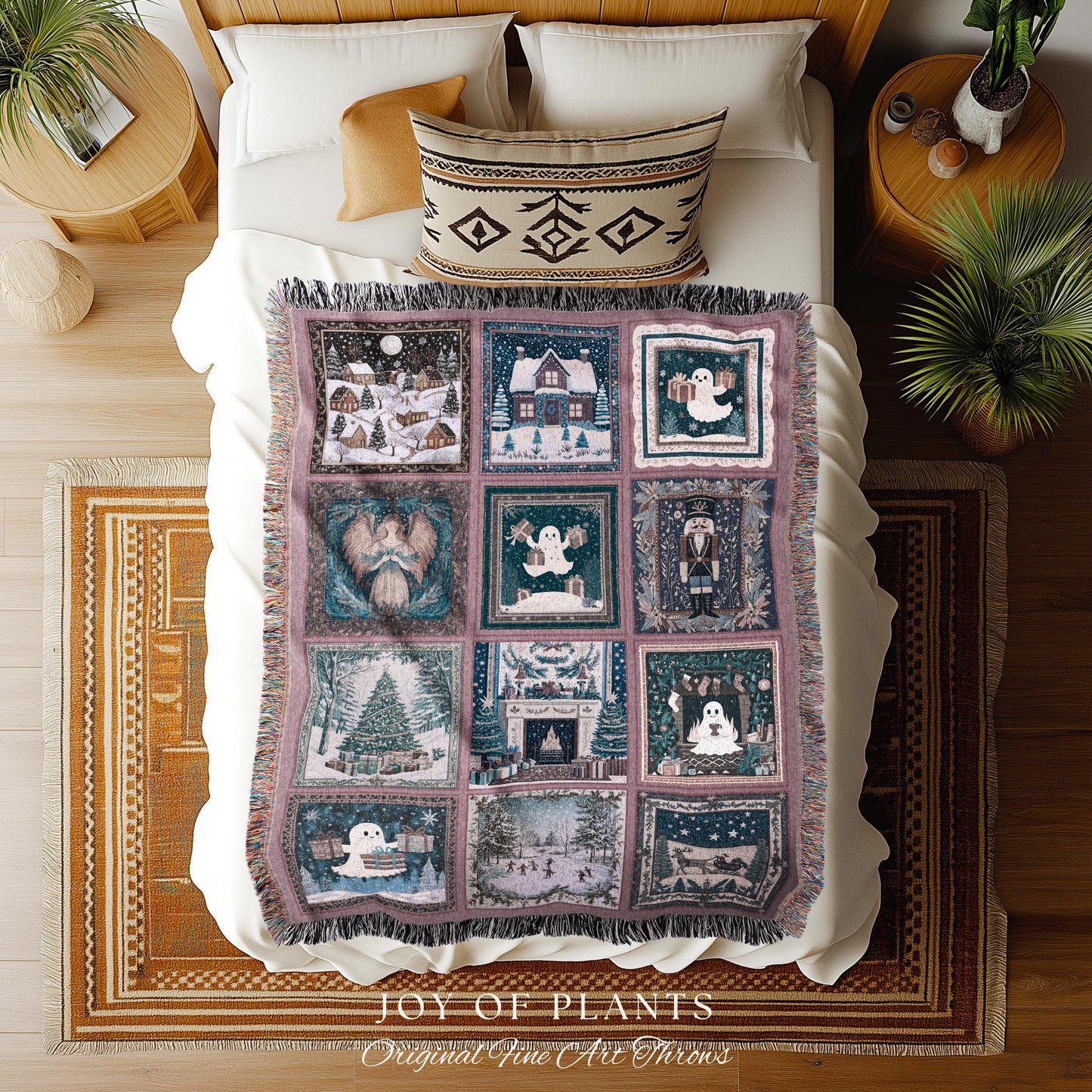 Holiday Boho Scandi Blanket | Spooky Christmas Ghost Throw Nostalgic Festive Home Decor Whimsical Xmas Tree Merry & Bright Pastel Aesthetic