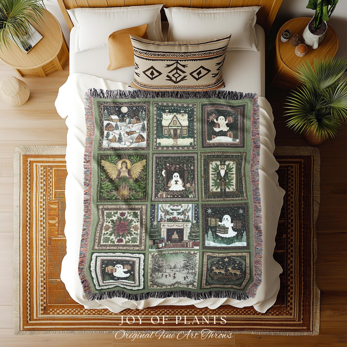 Whimsical Christmas Ghost Throw | Cozy Blanket Making Spirits Bright Retro Holiday Home Aesthetic Olive Green Scandi Boho Witchy Nostalgia |