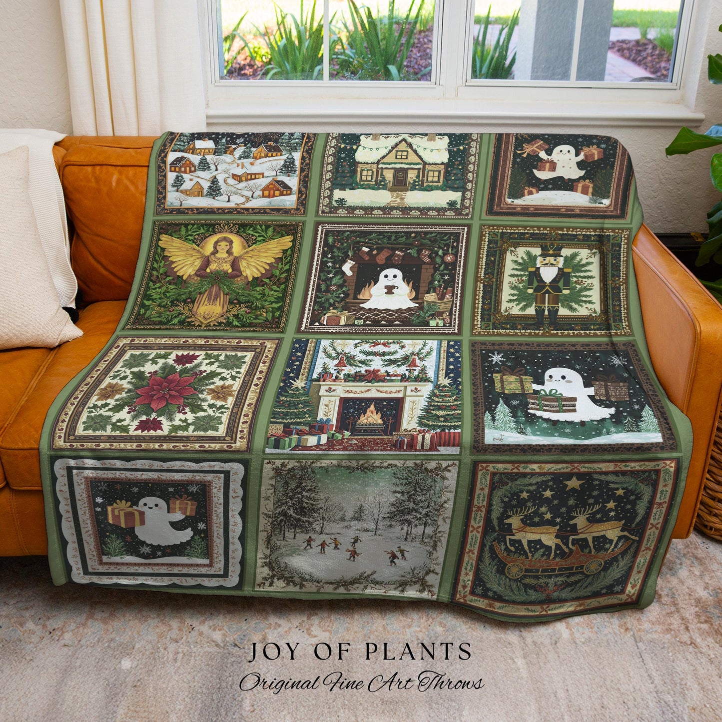 Whimsical Christmas Ghost Throw | Cozy Blanket Making Spirits Bright Retro Holiday Home Aesthetic Olive Green Scandi Boho Witchy Nostalgia |