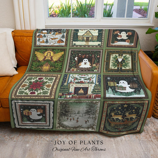 Whimsical Christmas Ghost Throw | Cozy Blanket Making Spirits Bright Retro Holiday Home Aesthetic Olive Green Scandi Boho Witchy Nostalgia |